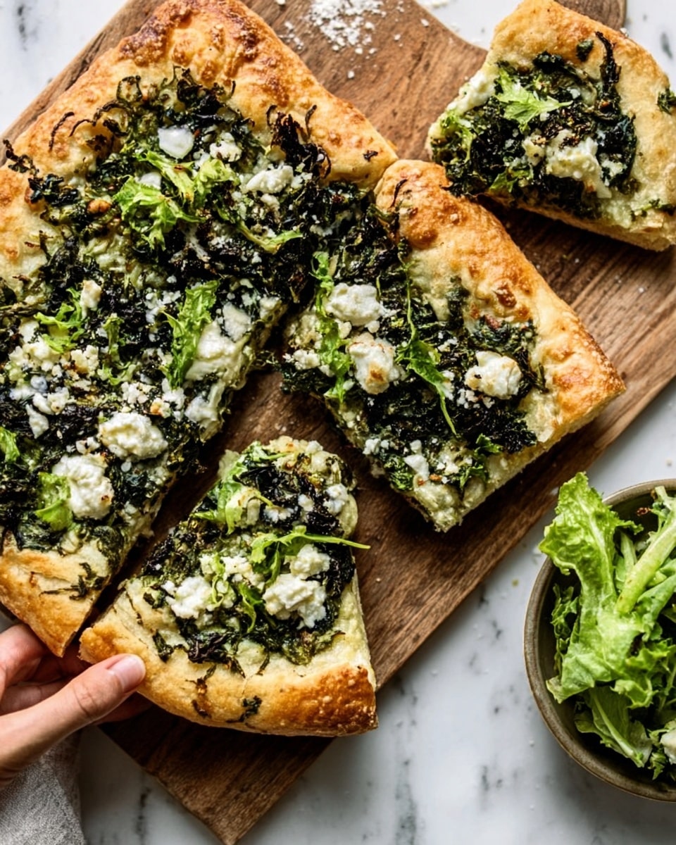A rustic square pizza with golden-brown thick crust, topped with a layer of dark green spinach and scattered chunks of creamy white cheese. The pizza is placed on a wooden board, with a piece being held by a woman's hand, showing the inside of the fluffy crust. Nearby, there is a small bowl of fresh leafy greens, all set against a white marbled background. photo taken with an iphone --ar 4:5 --v 7