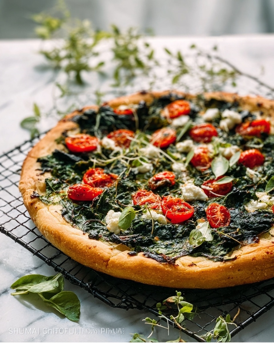 The image shows a pizza with a thick, golden-brown crust on a black wire rack. The pizza has three main layers: the bottom layer is covered with bright green spinach leaves spread evenly, the middle layer has halved red cherry tomatoes scattered across, and the top layer has small white chunks of cheese sprinkled throughout. Some small green herbs are also placed on the pizza and around the wire rack on the white marbled surface. The scene is bright with natural light and a slightly blurred background, making the pizza the main focus. Photo taken with an iphone --ar 4:5 --v 7