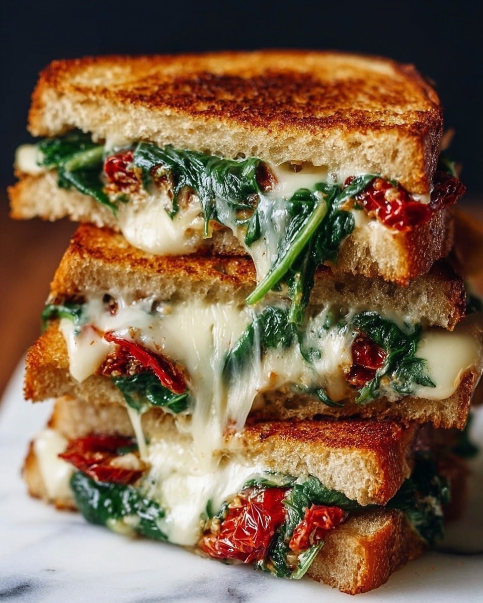 A close-up view of a stacked sandwich cut into three large triangular pieces. Each piece has three layers of golden-brown toasted bread that looks crispy on the outside. Between the bread layers, there are thick melted white cheese layers oozing and stretching with a creamy texture. Alongside the cheese, bright green spinach leaves and rich sun-dried tomato pieces add pops of vibrant color and texture to the sandwich. The whole stack is placed on a surface with a white marbled texture, and the background is dark, which makes the colors of the sandwich stand out. photo taken with an iphone --ar 4:5 --v 7