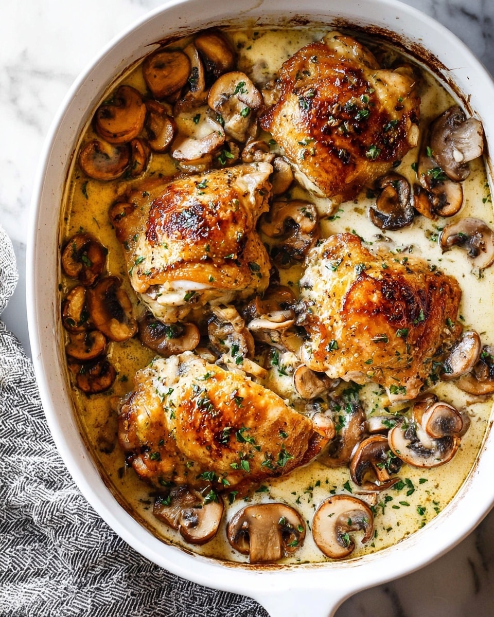 This image shows a white oval baking dish filled with two large grilled chicken breasts placed side by side. The chicken has a golden brown color with visible grill marks and is topped with sautéed sliced mushrooms and cooked onion strips. The mushrooms have a rich brown caramelized appearance, and the onions are slightly translucent. A creamy sauce surrounds the chicken at the bottom, light brown in color, adding moisture and shine to the dish. Green chopped herbs are sprinkled over the chicken and mushrooms, giving a fresh contrast. The dish sits on a light brown cloth on top of a white marbled surface. photo taken with an iphone --ar 4:5 --v 7