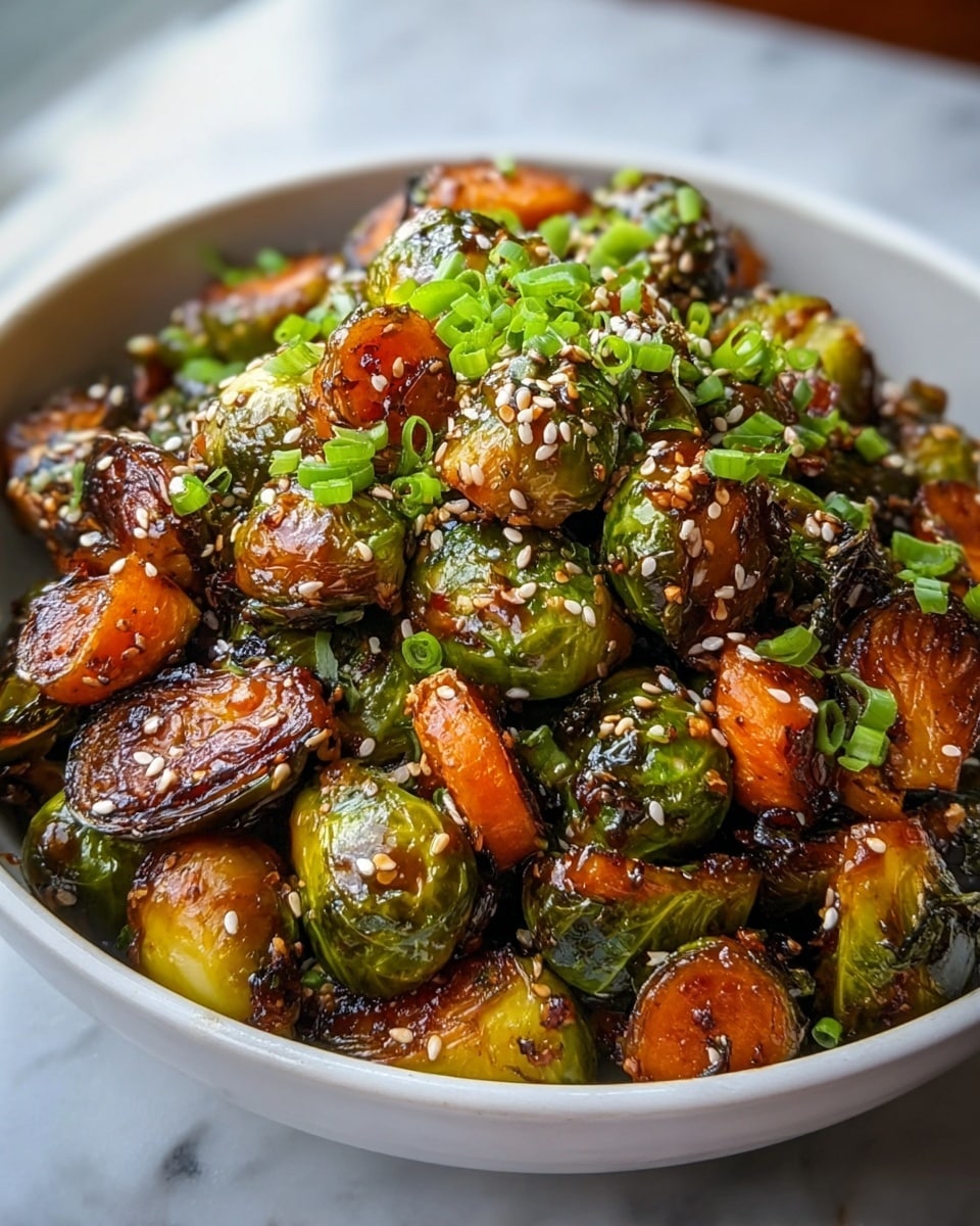 A white bowl filled with cooked brussels sprouts and small carrot pieces, both caramelized to a glossy, dark brown color with crispy edges. The brussels sprouts are mostly whole or halved, showing their bright green inner leaves, while the carrot pieces have a rich orange tone with charred spots. The dish is topped with a scattering of white sesame seeds and small chopped green onions, adding texture and fresh green color on top. The bowl sits on a white marbled surface, and soft natural light highlights the shiny glaze on the vegetables. Photo taken with an iphone --ar 4:5 --v 7