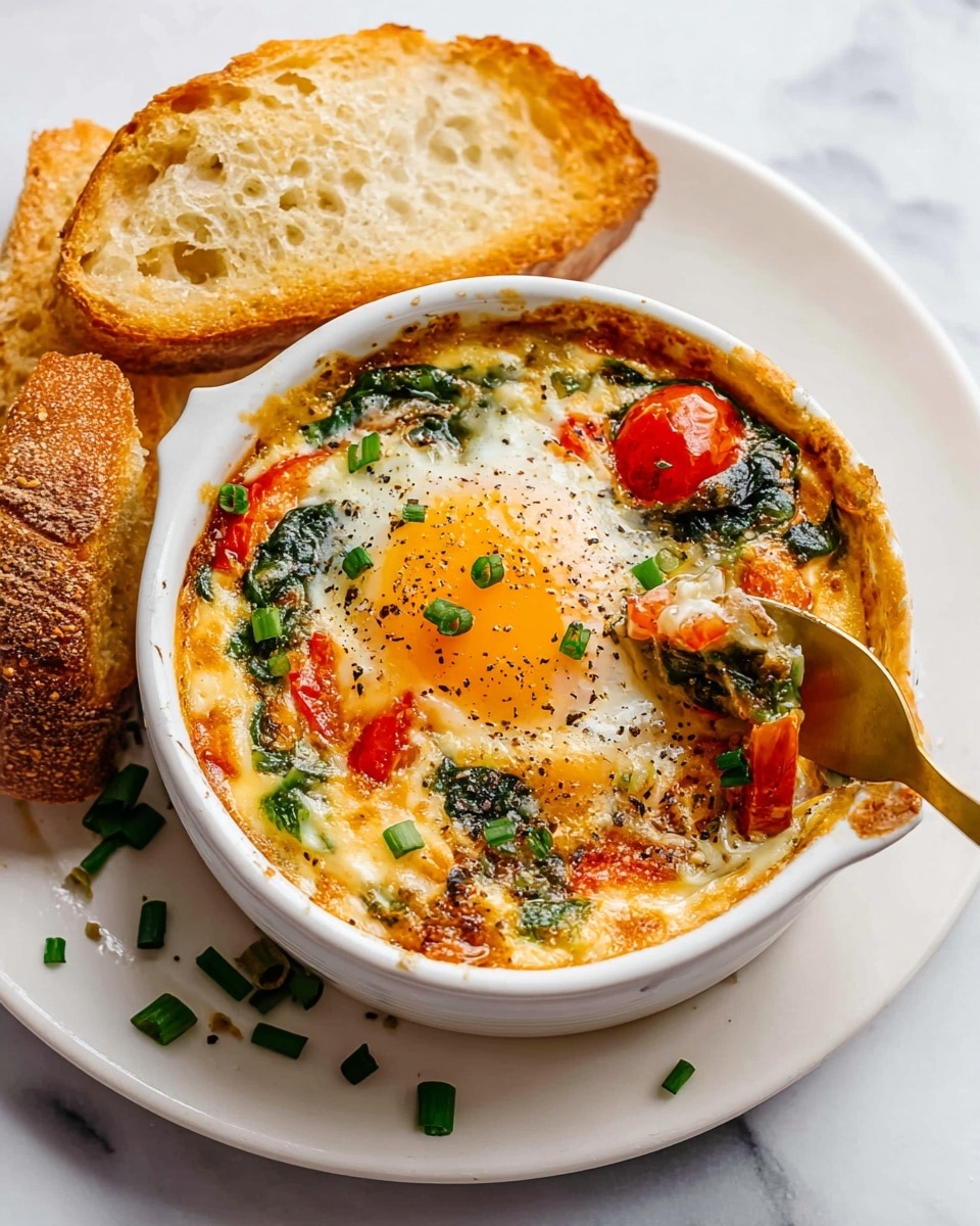 The dish is a baked egg casserole served in a white round ramekin, placed on a white plate with two crusty toasted bread rolls beside it. The casserole shows a colorful mix of layers: at the base, a creamy sauce with orange and yellow hues, mixed with red cherry tomatoes, wilted dark green spinach leaves, and small pieces of orange bell pepper. In the center, a cooked egg with a bright orange yolk and set white sits on top, sprinkled with chopped fresh green chives and black pepper. A gold spoon is scooping a portion from the right side, revealing the soft and creamy texture of the layers inside. Some chive pieces are scattered on the white marbled surface around the plate. Photo taken with an iphone --ar 4:5 --v 7