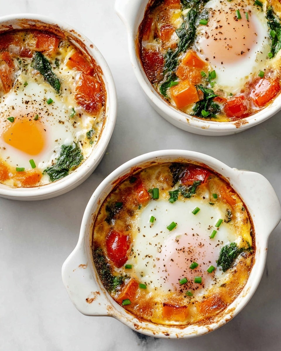 Three white round ceramic baking dishes sit on a white marbled surface, each filled with a baked egg dish. Each dish contains a baked egg with a bright white cooked white and pale pink yolk in the center, surrounded by a layer of golden baked egg mixture with visible chunks of red tomatoes, green spinach leaves, and orange pieces that look like chopped bell peppers or sweet potatoes. The eggs are topped with small diced green chives and black pepper specks. The edges of the dishes show some golden-brown baked spots from cheese or egg overflow. The overall colors are warm with reds, greens, and yellows contrasting the white dishes and marbled background. photo taken with an iphone --ar 4:5 --v 7