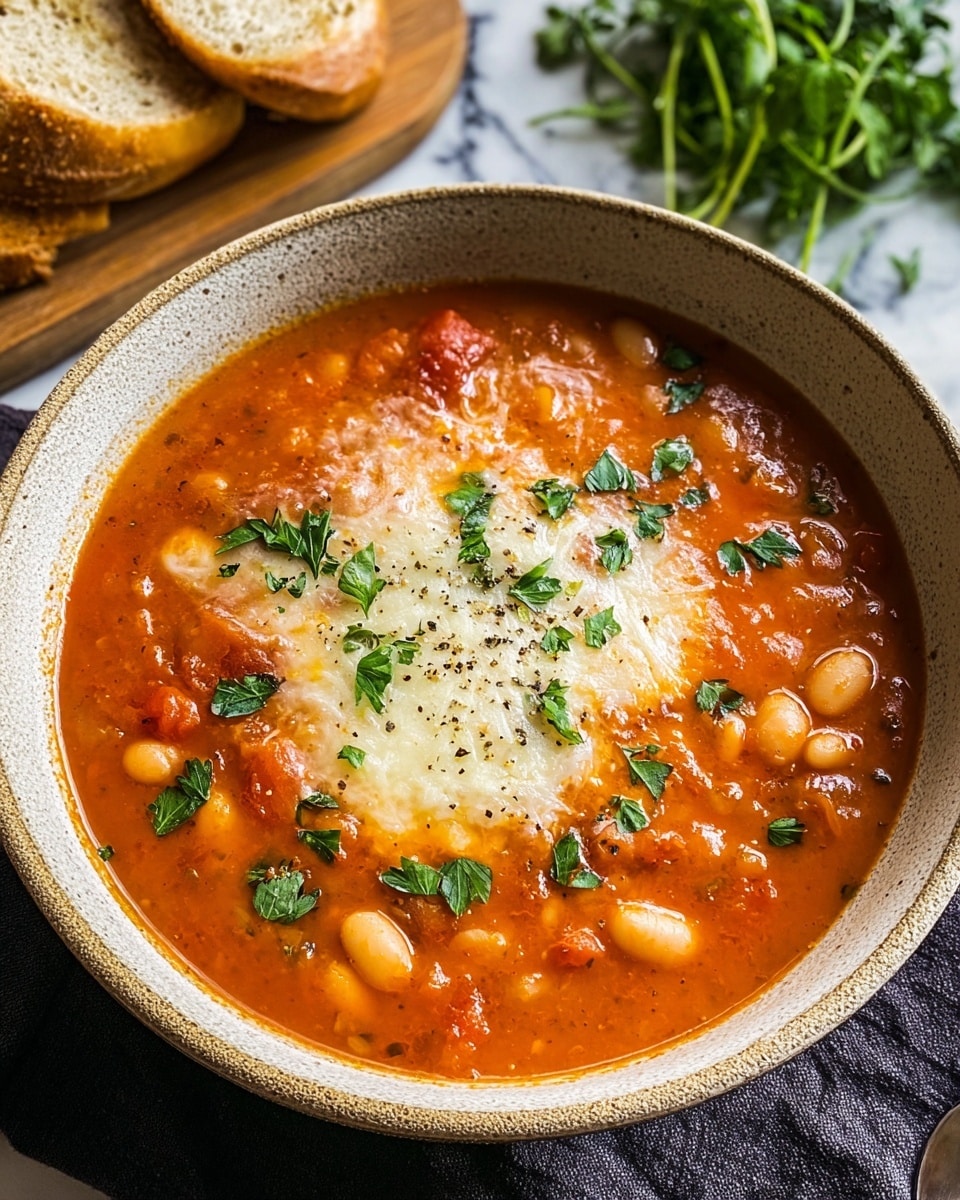 The image shows a bowl of thick tomato-based soup with white beans and chunks of red tomato visible throughout. The soup has a smooth but slightly chunky texture, topped with a generous layer of melted white cheese sprinkled with small green parsley leaves and a few black pepper specks on the surface. The bowl holding the soup is beige with a speckled rim, placed on a dark cloth to the left side of the frame, and there are slices of bread in the top left corner on a wooden board. The background features some green herbs on the right side over a white marbled surface. photo taken with an iphone --ar 4:5 --v 7