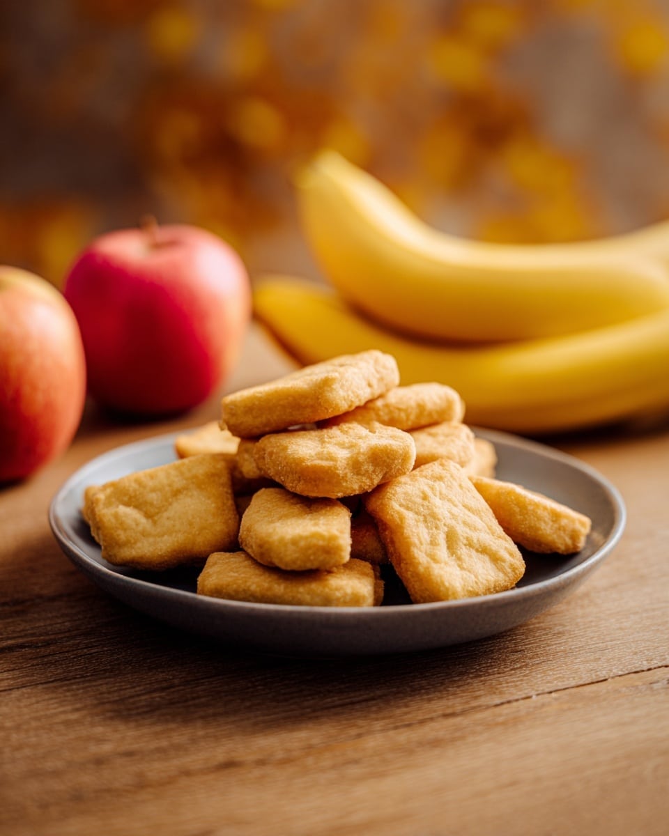 A grey round plate filled with a pile of golden-brown rectangular chicken nuggets with a slightly crispy texture is placed on a wooden surface. Behind the plate, there are two red apples to the left and three yellow bananas to the right, all slightly out of focus. The lighting is warm, giving the scene a cozy feel. photo taken with an iphone --ar 4:5 --v 7