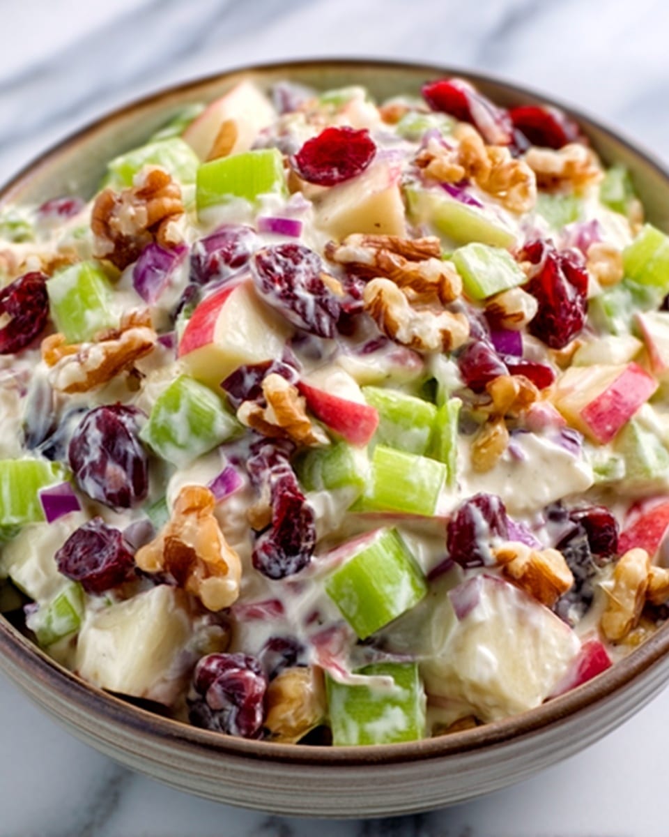 A close-up of a fresh salad in a white bowl on a white marbled surface, showing finely sliced pale green cabbage mixed with thin strips of purple cabbage as the base layer. On top are thin slices of red apple with their skin visible, bright green chive stalks, and whole pecan nuts adding a textured brown layer. Scattered deep red dried cranberries sit evenly over the salad, along with small chunks of white cheese, all lightly coated with a creamy dressing that adds a glossy effect. Photo taken with an iphone --ar 4:5 --v 7