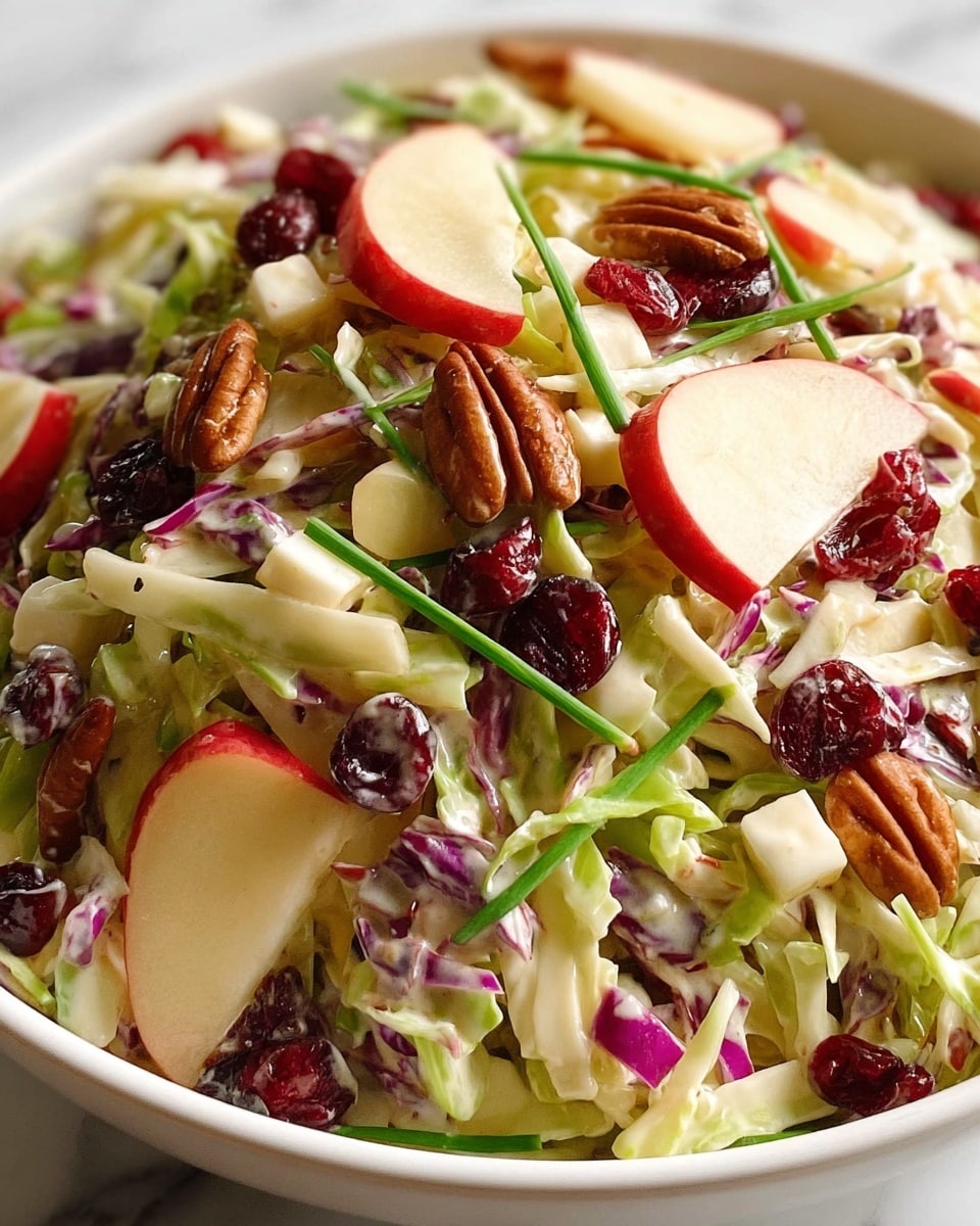The image shows a single round bowl filled with a colorful salad. The bottom layer is mostly creamy white dressing mixed with small chunks of pale apples and nuts. On top, there are bright green celery pieces, red dried cranberries, light brown chopped walnuts, and bits of purple red onion scattered evenly. The textures range from creamy to crunchy and chewy. The bowl sits on a white marbled surface. Photo taken with an iphone --ar 4:5 --v 7