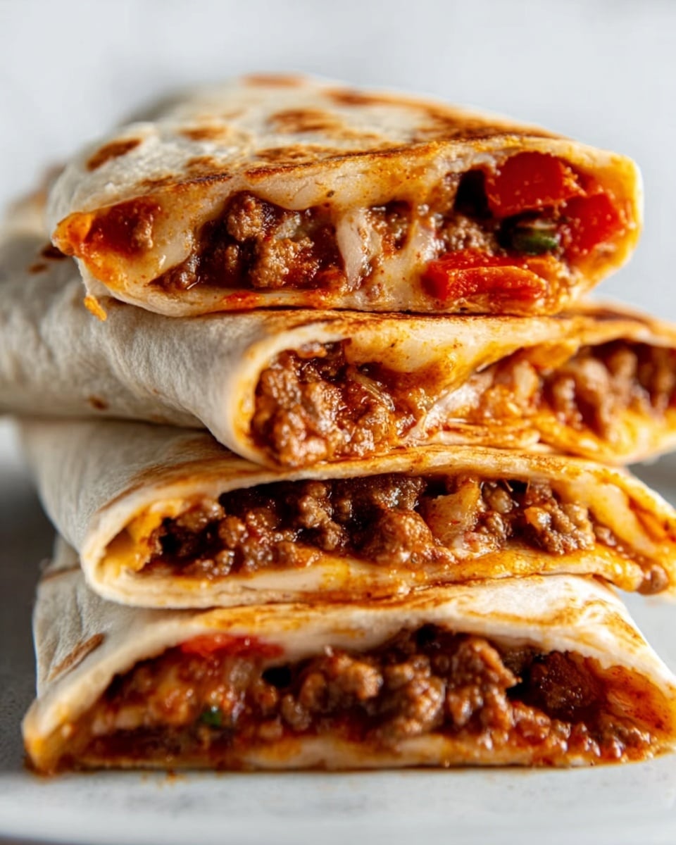 The image shows three stacked burritos on each other, cut in half to reveal their fillings. Each burrito has soft, light beige tortilla wraps with visible creases. Inside, there are layers of cooked ground meat that is brown with red sauce mixed in, giving a moist look. There are also slices of tomatoes adding a hint of bright red color. The burritos are placed on a white plate against a white marbled surface. The photo taken with an iphone --ar 4:5 --v 7
