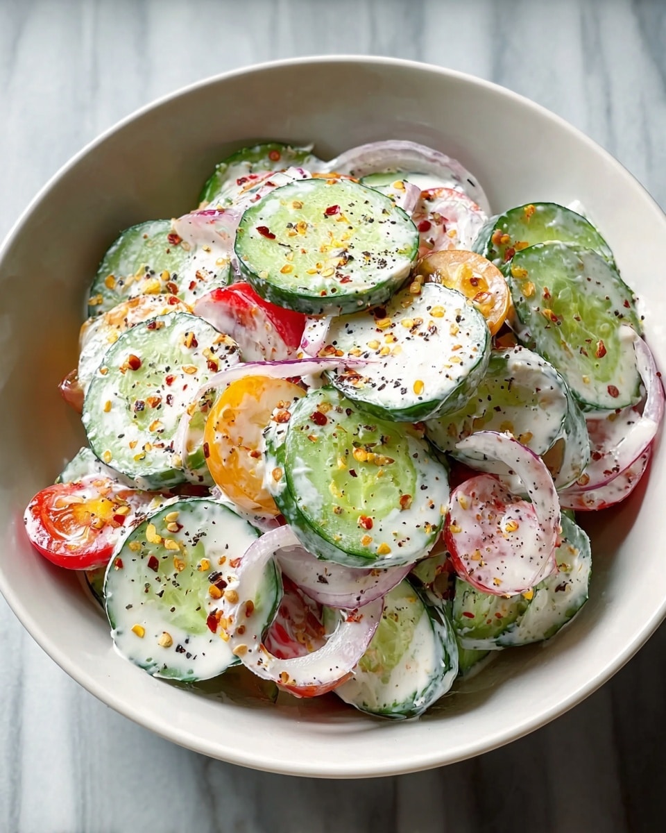A white bowl filled with a fresh salad showing many thin, round slices of cucumber with dark green edges and light green centers, layered with thin red onion rings and small red and yellow tomato slices, all mixed with a creamy white dressing that coats the vegetables, sprinkled on top with small black pepper flakes and red chili flakes for texture and color contrast, sitting on a white marbled surface. photo taken with an iphone --ar 4:5 --v 7