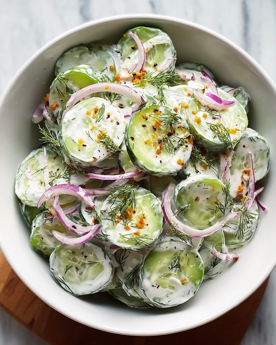 A white bowl filled with a creamy cucumber salad, featuring several thin, round, pale green cucumber slices coated in a smooth white yogurt dressing. Scattered throughout the salad are thin strips of translucent purple-red onion, small flecks of bright orange seasoning, and tiny black seeds, with fresh green dill sprigs spread evenly on top. The salad looks fresh and vibrant against a white marbled surface. photo taken with an iphone --ar 4:5 --v 7