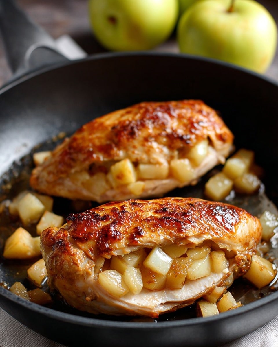 Two golden brown roasted chicken breasts sit in a black pan on a white marbled surface, each stuffed with small cubed cooked apples that are pale yellow with slight browning on the edges. The chicken skin is crispy with a shiny, textured surface showing a mix of rich amber and light brown tones, and the meat underneath is visible at the bottom in a light beige color. In the blurred background, there are a few whole yellow-green apples. The lighting highlights the juicy and tender look of the meat and the soft apple cubes, making the dish look warm and inviting. Photo taken with an iphone --ar 4:5 --v 7