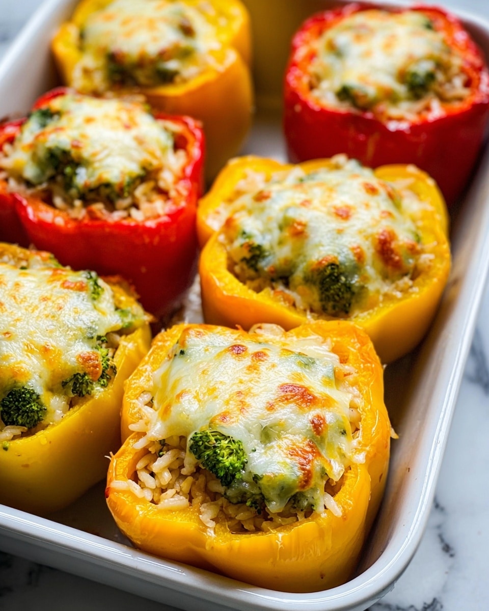 The image shows yellow and red bell peppers cut in half and filled with cooked rice mixed with small broccoli florets. Each pepper is topped with melted cheese that has light golden patches, giving it a slightly crispy look. The cheese layer is thick enough to cover the filling but still shows bits of broccoli and rice underneath. The peppers are arranged close together in a white baking dish, placed on a white marbled surface. photo taken with an iphone --ar 4:5 --v 7