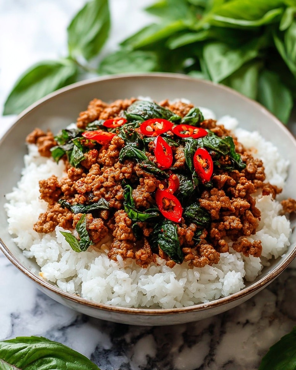 A round white bowl filled with a base layer of fluffy white rice, topped with a thick layer of cooked minced meat mixed with bright green basil leaves and sliced red chili peppers scattered on top. The rice forms a soft white bed for the rich, brown-colored meat with chunks and bits, contrasted by the shiny, fresh green basil and slices of vibrant red chili. The bowl is placed on a white marbled surface, with fresh green basil leaves blurred in the background. photo taken with an iphone --ar 4:5 --v 7