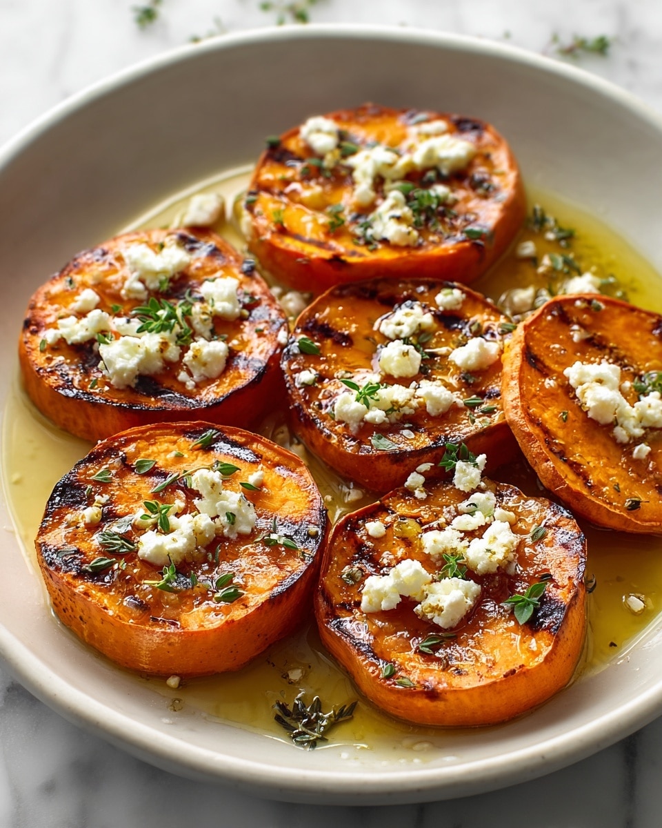 A white plate holds six thick slices of roasted sweet potatoes with a shiny caramelized orange-brown surface showing slight char marks. Crumbled white cheese is sprinkle over each sweet potato slice, adding contrast with its soft texture. Small green herb leaves are scattered on top and between the slices, with a golden syrupy glaze pooling around the base of the slices, giving a glossy look. The plate rests on a white marbled surface. photo taken with an iphone --ar 4:5 --v 7