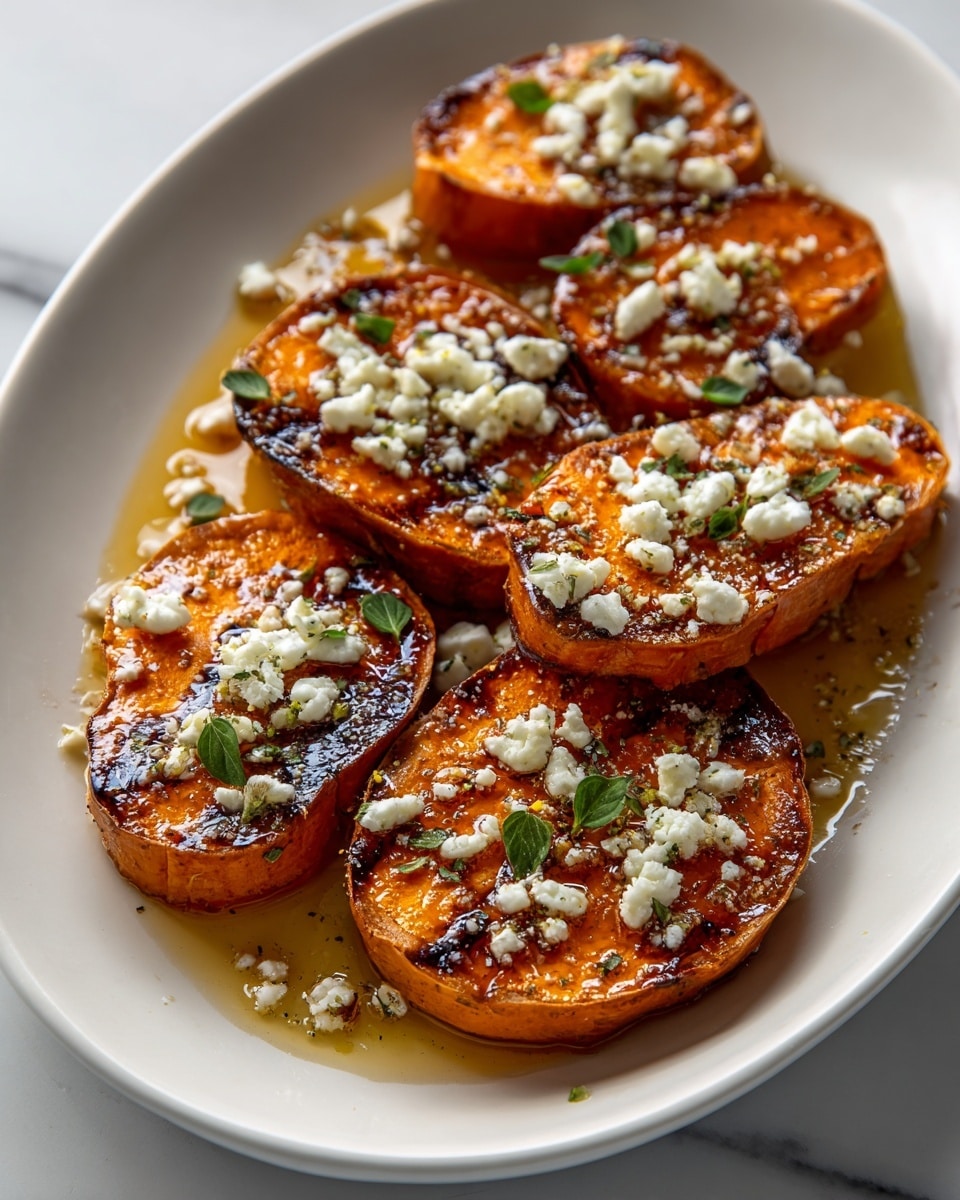 The dish shows five thick slices of roasted sweet potato arranged in a white bowl on a white marbled surface. Each slice has a caramelized golden-brown top with grill marks and is topped with small crumbles of white cheese and scattered green herbs. The sweet potatoes sit in a light pool of olive oil that adds a mild shine to the bottom. The overall look is warm and inviting with a mix of vibrant orange, white, and green colors. photo taken with an iphone --ar 4:5 --v 7