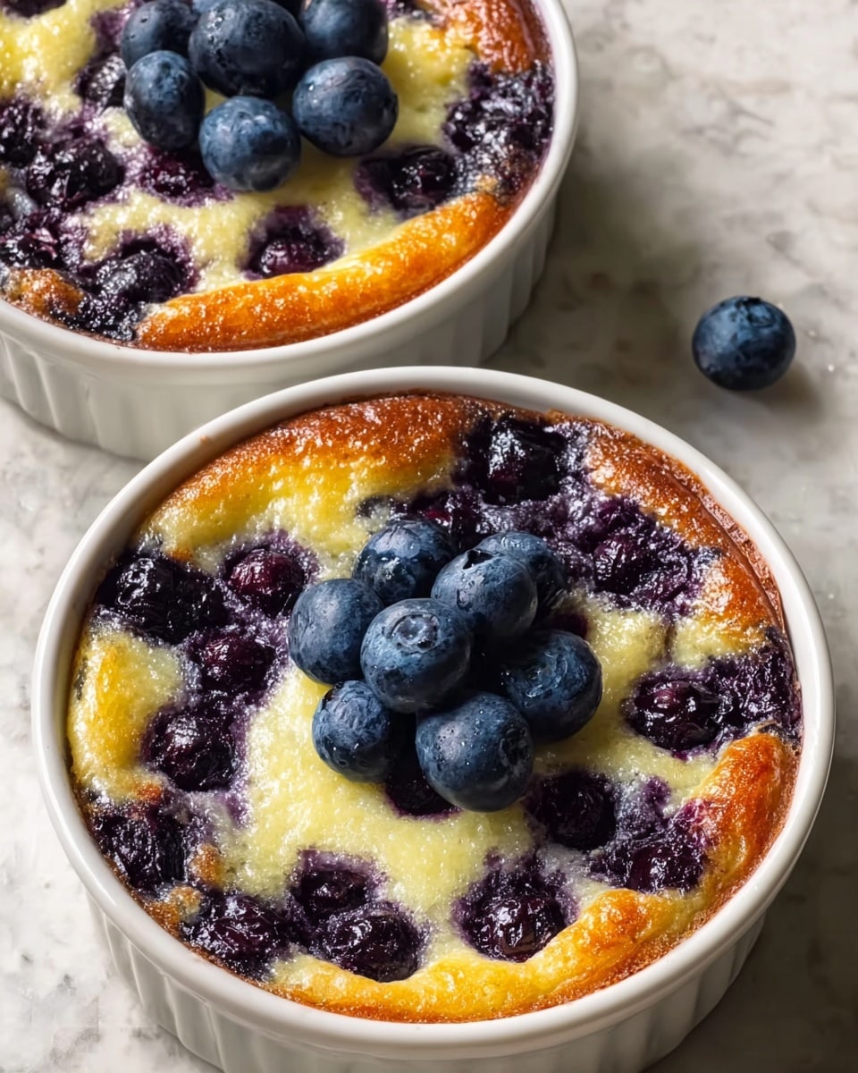 Two round, white ceramic ramekins filled with blueberry clafoutis sit on a white marbled surface. Each clafoutis has a golden brown, slightly crispy edge with a soft, creamy, pale yellow center studded with juicy, dark purple baked blueberries. A small pile of fresh, plump, deep blue blueberries sits in the middle on top of the filling of each ramekin. The texture of the dessert looks rich and custardy, with baked blueberries scattered evenly throughout. Photo taken with an iphone --ar 4:5 --v 7