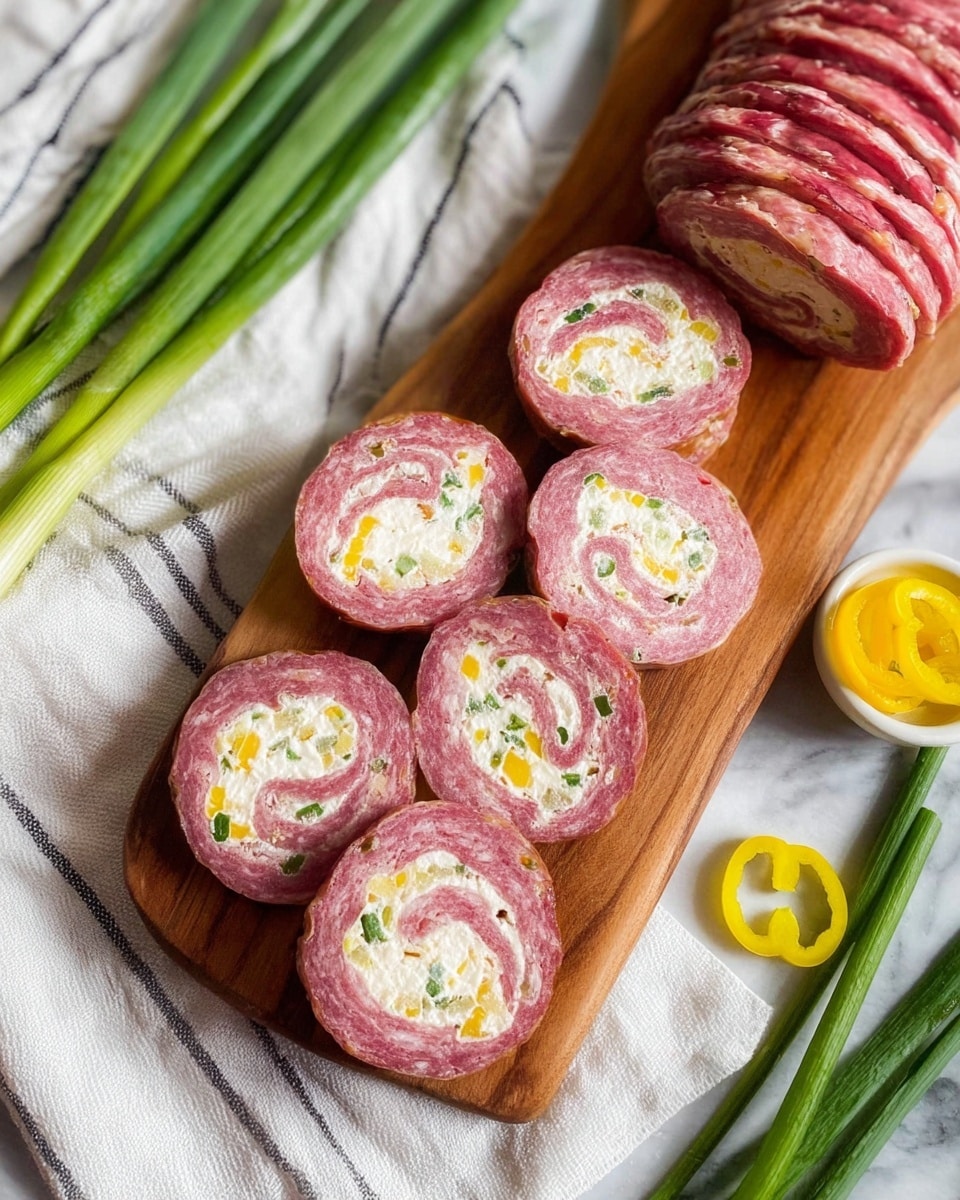 The image shows a close-up of a pinwheel appetizer standing upright on a round, golden cracker. The pinwheel is made of several thin layers of pinkish-red sliced meat rolled with a white creamy spread, possibly cream cheese, which has bits of green herbs and small yellow pickle slices mixed inside. A wooden toothpick pierces through the center from top to bottom to hold the layers together. The setup rests on a wooden board placed over a white marbled surface. The background is softly blurred with light colors, enhancing the focus on the pinwheel snack. photo taken with an iphone --ar 4:5 --v 7