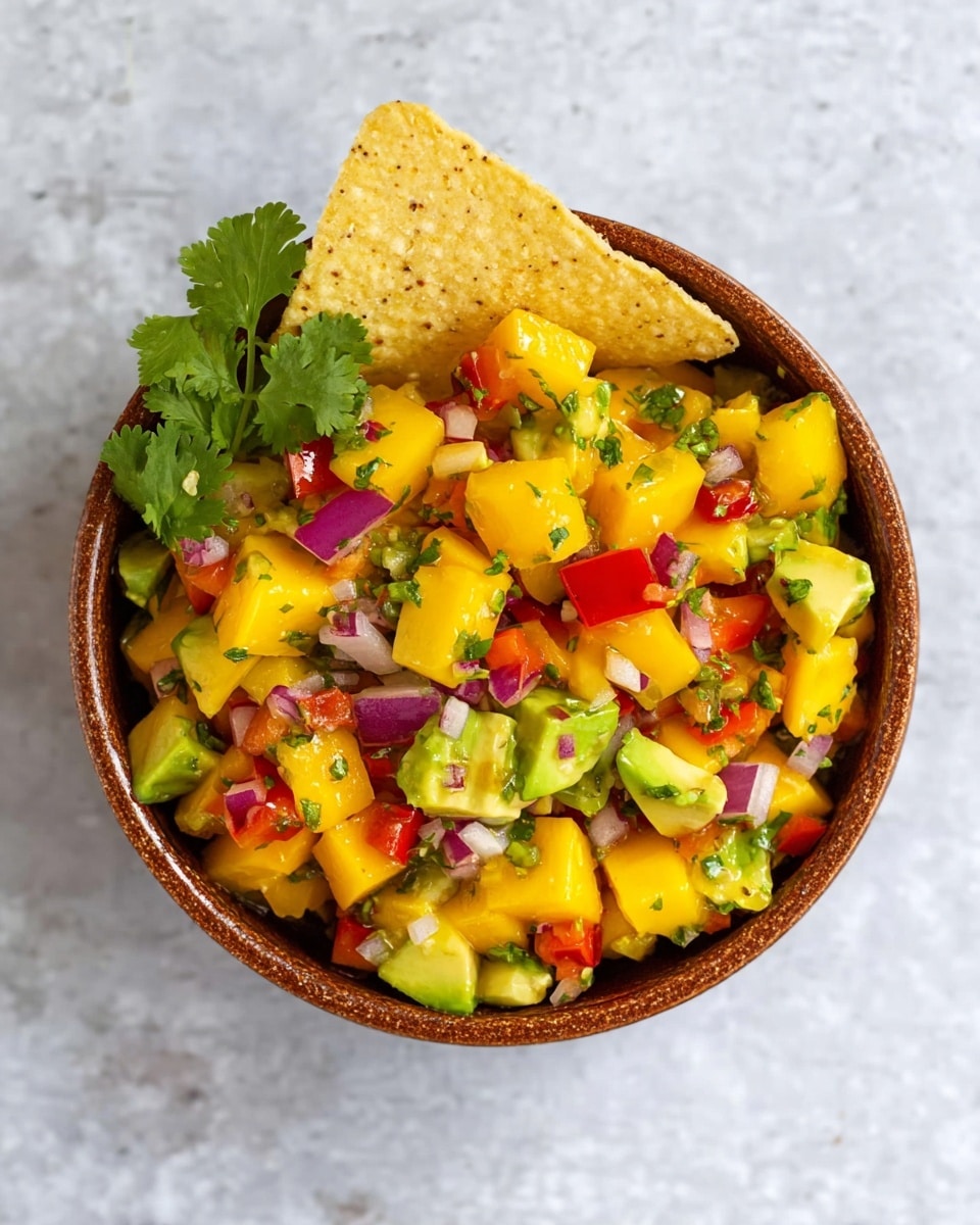 A close-up top view of a small brown bowl full of colorful salsa composed of diced yellow mango, green avocado, bright red bell pepper, finely chopped red onion, and bits of green herbs mixed together. The salsa fills the bowl almost to the top with a small bunch of fresh cilantro garnish on one side. A single triangular tortilla chip is partially dipped into the salsa, resting on the bowl’s edge. The whole setup sits on a white marbled surface. photo taken with an iphone --ar 4:5 --v 7