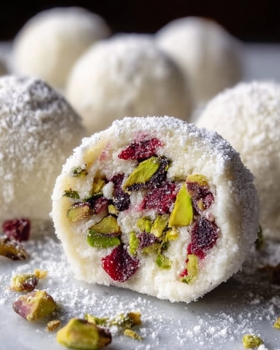 The image shows a close-up of round white sweets with a powdery texture on their surface, placed on a white marbled background. Each sweet ball is coated with a soft, white layer of milk powder or a similar ingredient, and the inside reveals a filling made of chopped green pistachios and red dried fruit pieces tightly packed together. The sweets have a rough, powdery outer layer lightly dusted with white powder, and some loose pistachio pieces are scattered around them. The focus is on one sweet in the front, showing the layered contrast of the bright green and red filling against the creamy white outer shell. Photo taken with an iphone --ar 4:5 --v 7