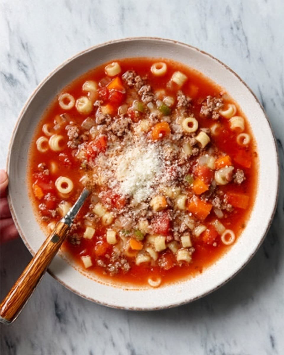 A white bowl filled with tomato soup showing visible small pasta rings, ground meat, and tiny diced orange and white vegetables in a rich red broth. A woman's hand holds a wooden-handled spoon resting in the bowl on the left side. The soup is topped with a small sprinkle of grated white cheese at the center. The bowl sits on a white marbled surface. photo taken with an iphone --ar 4:5 --v 7