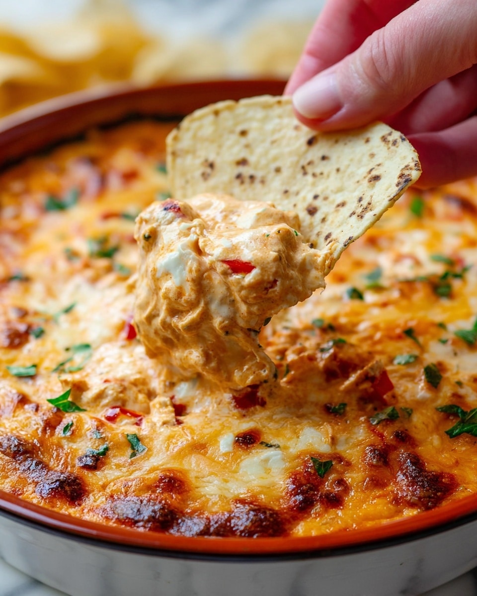 A close-up image shows a woman's hand holding a large, pale yellow tortilla chip with dark seasoning spots. The chip is scooping a thick, creamy dip with rich layers: the top is a melted, golden brown cheese layer with some bubbly texture, beneath it a smooth, orange-tinted creamy sauce mixed with small chunks of red peppers and sprinkled bits of green herbs. The dip is in a white dish with a reddish rim, placed on a white marbled surface. The background is softly blurred, showing more of the same cheesy dip glowing warmly. Photo taken with an iphone --ar 4:5 --v 7