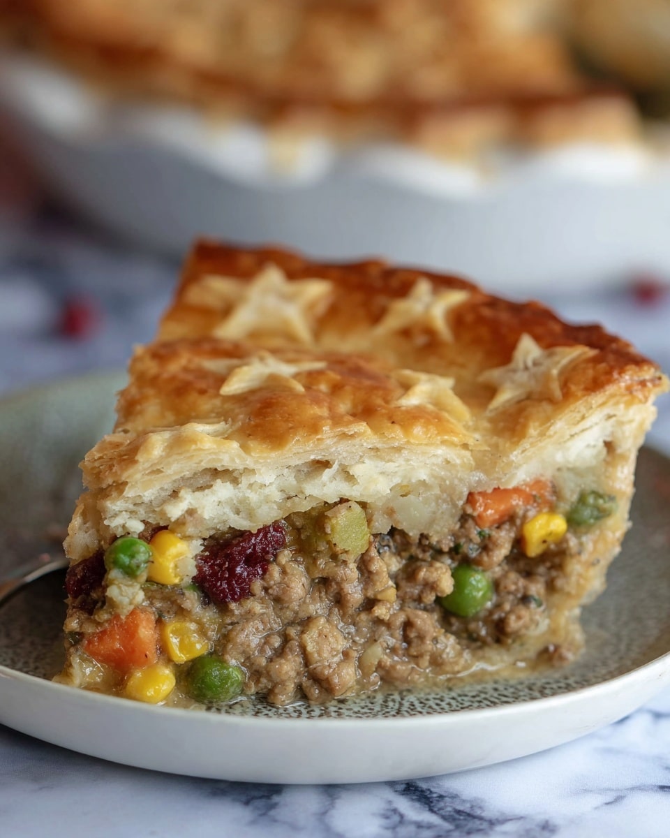 A close-up of a slice of pie on a white plate showing three main layers: the top layer is a golden-brown crust decorated with small star shapes, the middle layer is a thick mix of brown ground meat and colorful vegetables like green peas, yellow corn, and orange carrots, and the bottom layer is a lighter crust holding everything together. The pie looks flaky and soft with a textured filling full of mixed ingredients. The scene is set on a white marbled texture with a blurred background that hints at more pie in a white bowl. Photo taken with an iphone --ar 4:5 --v 7