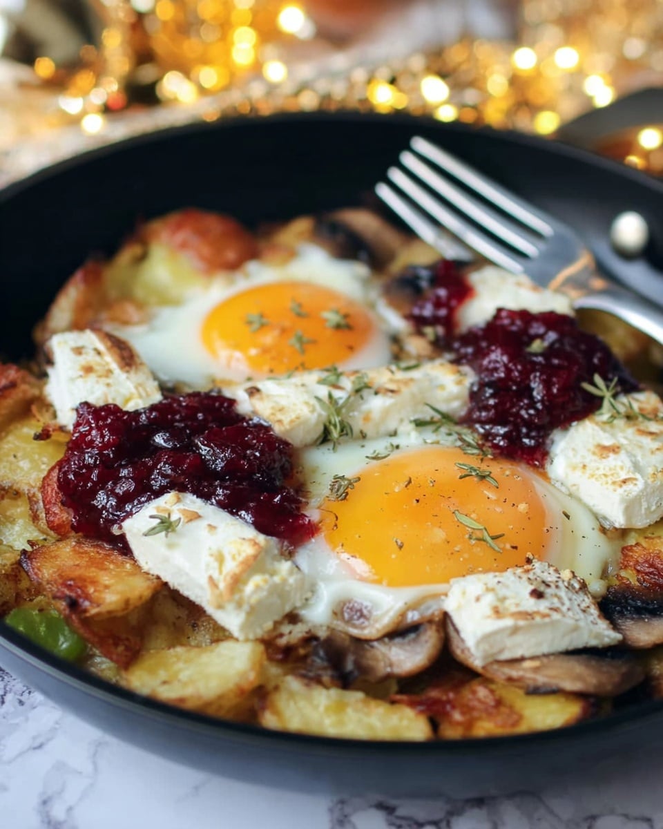 A close-up view of a black skillet filled with a layered dish starting with crispy golden-brown potato slices at the bottom, topped with two sunny-side-up eggs featuring bright yellow-orange runny yolks surrounded by white cooked egg whites. Scattered on top are pieces of creamy white cheese with a soft texture and some dollops of deep red cranberry sauce. There are also small pieces of browned mushrooms and bits of green vegetables mixed in, all lightly sprinkled with herbs. The skillet sits on a white marbled surface with blurred warm yellow lights in the background, and a silver fork rests on the edge of the skillet. photo taken with an iphone --ar 4:5 --v 7