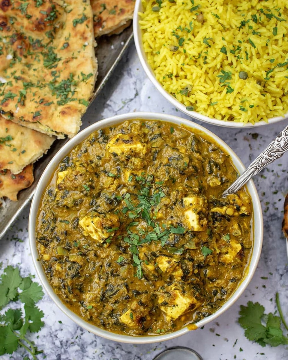 The image shows a white bowl filled with a thick, yellowish-green curry that has visible chunks of paneer and green leafy herbs mixed throughout, topped with fresh chopped cilantro. Next to it is another white bowl containing yellow rice garnished with small green herb pieces. Behind the bowls, there are pieces of flatbread with a golden-brown crust sprinkled with green herbs, resting on a metal tray. The background surface is a white marbled texture, and an ornate silver spoon is partially immersed in the curry. Some scattered cilantro leaves decorate the scene. Photo taken with an iphone --ar 4:5 --v 7