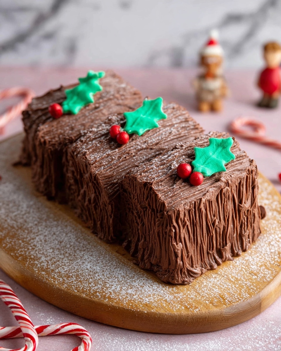 The image shows a chocolate log cake with three main sections, each covered in rich, dark brown chocolate frosting textured to look like tree bark with vertical grooves. The cake rests on a wooden round board, with a light dusting of powdered sugar scattered gently on the frosting and board surface. On top of the cake, there are three green fondant holly leaves adorned with small bright red berries, placed evenly across the center for decoration. The background features a white marbled texture with two red and white striped candy canes and two small blurred figurines adding a festive atmosphere. photo taken with an iphone --ar 4:5 --v 7