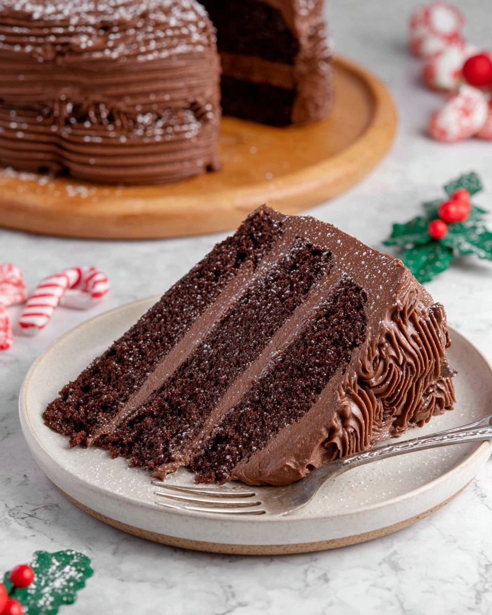 A slice of rich chocolate cake with three thick layers of dark brown chocolate sponge separated by smooth, creamy chocolate frosting is placed on a white plate. The top and sides of the slice are covered with textured, piped chocolate frosting, and a light dusting of powdered sugar adds a touch of white contrast. A silver fork rests on the plate next to the slice. In the background, the whole cake with similar layered frosting is partly visible on a wooden board, surrounded by small Christmas-themed decorations like a candy cane and holly leaves, all set on a white marbled surface. Photo taken with an iphone --ar 4:5 --v 7