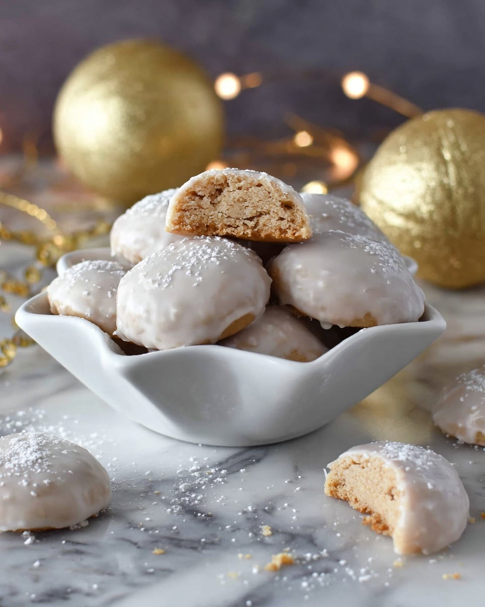 The image shows several round cookies covered in smooth white icing placed together, with one cookie broken in half and standing upright in the middle, revealing a dense, light brown crumbly inside layer. The cookies have a slightly shiny texture on the outside icing layer. In the blurred background, sparkly golden balls and fairy lights add a festive touch, all set on a white marbled surface. photo taken with an iphone --ar 4:5 --v 7