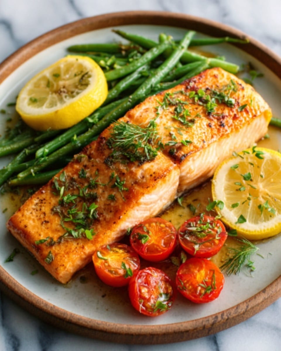 A thick piece of cooked salmon with a light orange color and a slightly crispy top sits in the middle of a round white plate. It is garnished with small green herbs sprinkled on top. Around the salmon there are roasted green beans, two red cherry tomatoes, and two yellow lemon halves on each side. The plate is set on a white marbled surface with a bright, natural light highlighting the freshness and warmth of the food. photo taken with an iphone --ar 4:5 --v 7