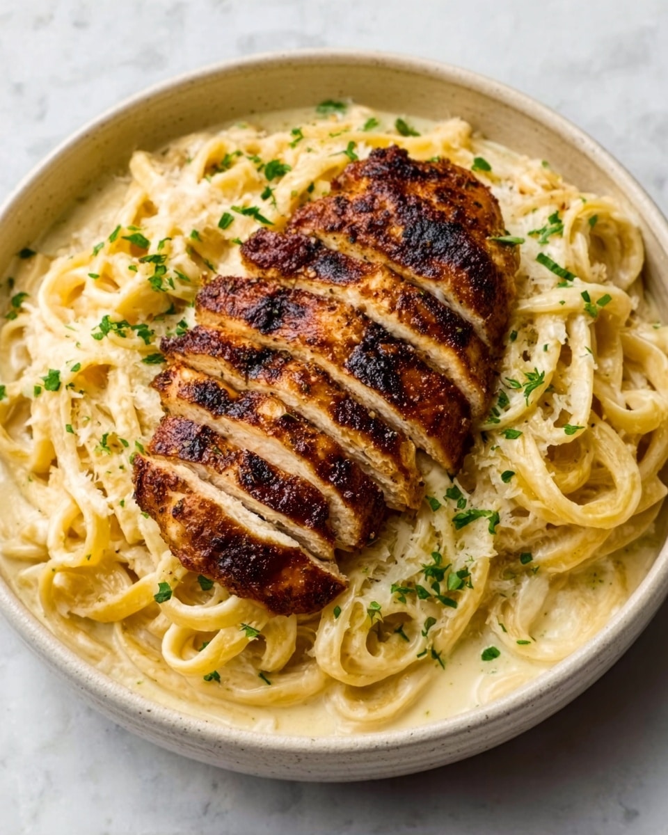 The image shows a white bowl filled with creamy fettuccine Alfredo noodles, which are thick and coated in a smooth, pale yellow sauce. On top of the noodles, there is a large grilled chicken breast sliced into even pieces, showing a dark, crispy outer layer with grill marks and tender light brown inside. The dish is sprinkled with finely chopped green herbs, adding small green spots on the creamy noodles. The bowl sits on a white marbled surface. Photo taken with an iphone --ar 4:5 --v 7