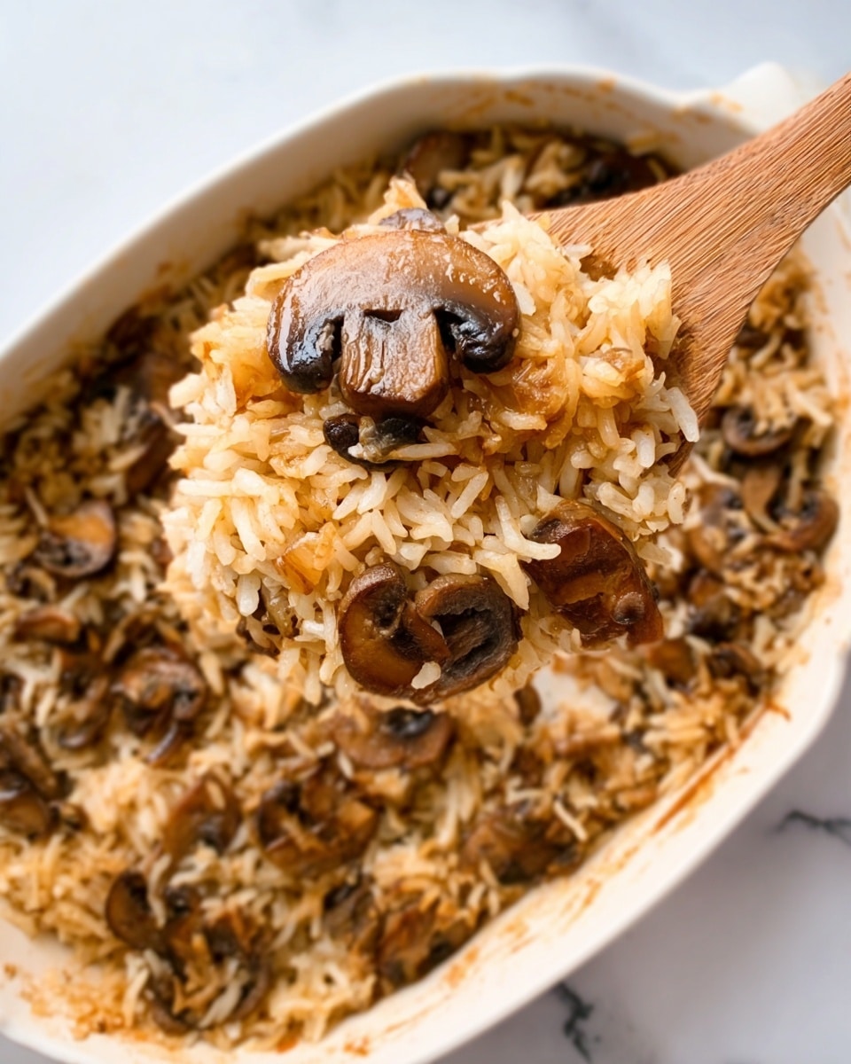The image shows a white dish filled with cooked rice mixed with brown, sliced mushrooms. On top, a wooden spoon lifts a scoop that has two layers: a base layer of lightly golden cooked rice, and a top layer mixed evenly with sautéed mushrooms that are soft and brown, some slightly shiny from oil. The texture of the rice looks fluffy, and the mushrooms add a smooth but tender contrast. The background is a white marbled texture. Photo taken with an iphone --ar 4:5 --v 7