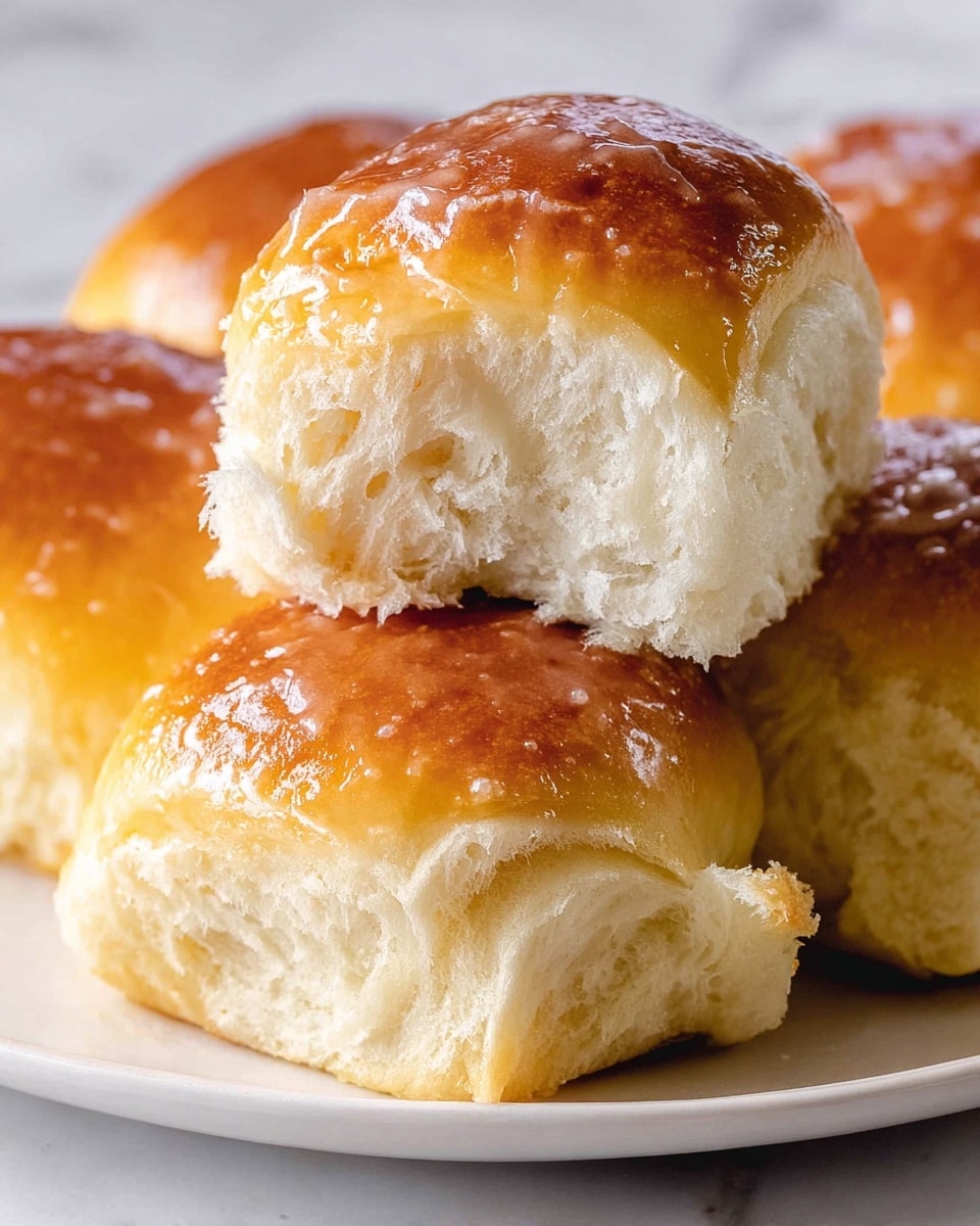 A close-up of three golden brown dinner rolls placed on a white plate with a smooth, shiny surface from a glaze on top, two rolls at the bottom slightly torn open revealing the soft, fluffy white interior with a light texture, and one roll stacked on top of the two, showing the fluffy inside clearly. The white plate sits on a white marbled texture. Photo taken with an iphone --ar 4:5 --v 7