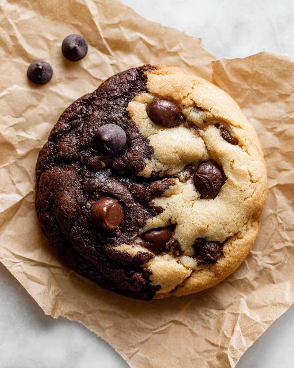 A round cookie with two distinct halves, one side light golden brown with visible chocolate chips and a soft, slightly bumpy texture; the other side dark chocolate, rich and slightly cracked with embedded chocolate chips. The cookie is placed on crumpled brown parchment paper with a few extra chocolate chips scattered around it, all set on a white marbled textured surface. photo taken with an iphone --ar 4:5 --v 7