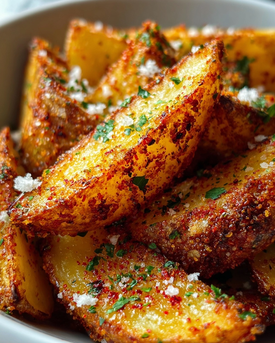 Close-up of a white bowl filled with golden brown potato wedges that have a crispy, textured skin coated in a mix of red spices and green herbs. The potato wedges show a layered look with a rough outer crust and soft yellow inside. Small flakes of white salt or cheese sprinkle over the wedges, adding contrast. The image highlights the crunchy surface of each wedge and the fresh green herbs scattered on top, all set against a white marbled texture. photo taken with an iphone --ar 4:5 --v 7