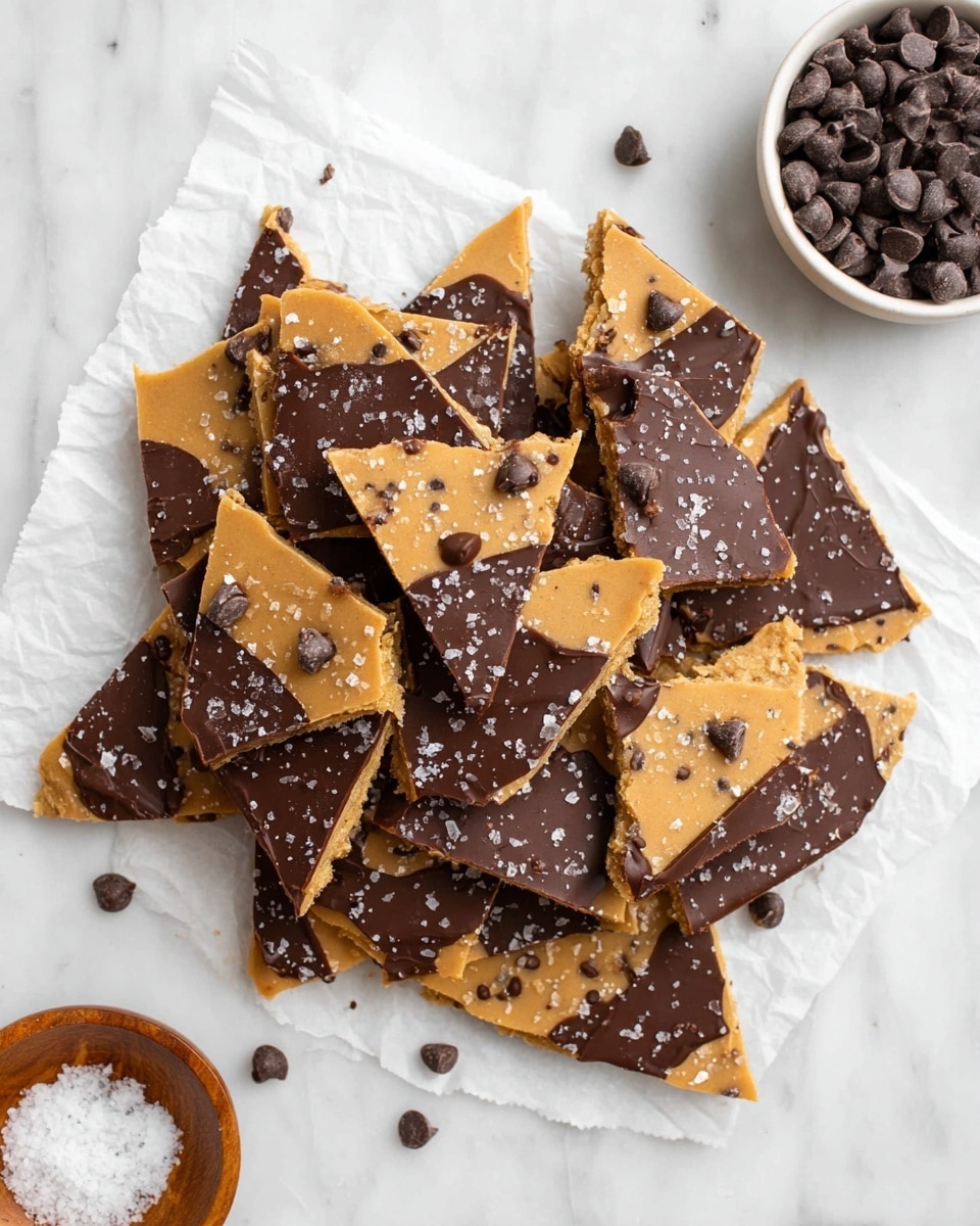 A pile of broken cookie dough bark pieces is shown on white parchment paper over a white marbled surface. Each piece has two layers: a bottom layer of light brown cookie dough with visible dark chocolate chips scattered throughout, and a top layer of smooth dark chocolate, sprinkled with coarse white sea salt flakes. The bark pieces are unevenly shaped, mostly triangular and some rectangular, with crisp edges and a slightly crumbly texture. A small white bowl filled with dark chocolate chips is placed in the top right corner, and a small wooden bowl with sea salt is in the bottom left corner. A woman's hand could be imagined reaching toward the bark pieces but is not visible. Photo taken with an iphone --ar 4:5 --v 7