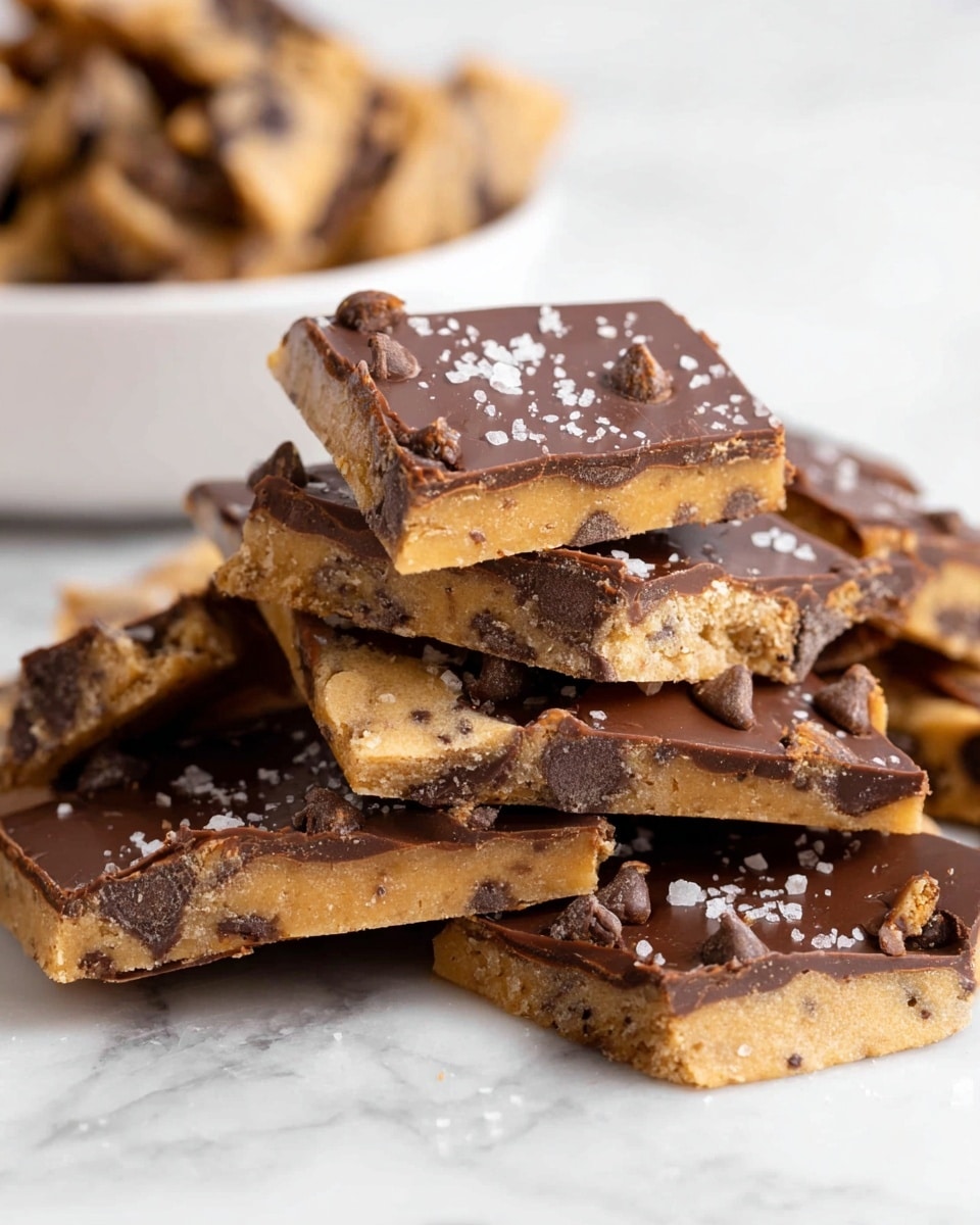 A pile of broken chocolate chip cookie bark pieces is shown on a white marbled surface. Each piece has two layers: a thick, light golden cookie base with visible chocolate chips embedded inside, and a smooth, dark chocolate layer on top sprinkled with small flakes of sea salt. The cookie layer looks crumbly and soft with some chunks broken off, while the chocolate layer is firm and glossy. The pieces are uneven in size and shape, stacked casually with some pieces leaning on others. In the background, a blurred white bowl filled with more cookie bark is partly visible. photo taken with an iphone --ar 4:5 --v 7