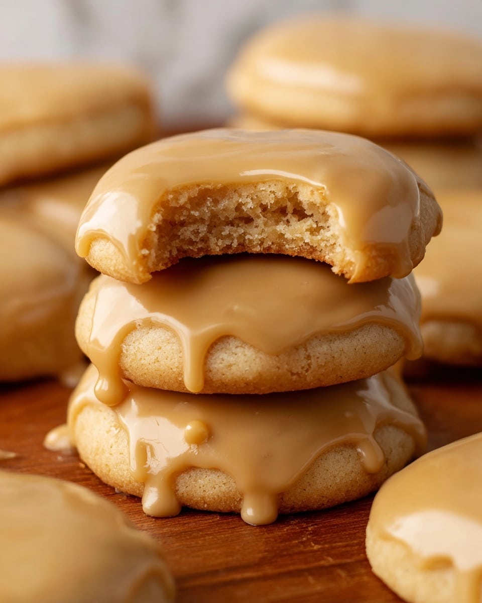 A stack of three soft cookies with smooth, glossy caramel-colored icing dripping slightly over the edges sits on a wooden surface. The top cookie has a bite taken from it, revealing a soft, crumbly inside with a light golden color. The icing on each cookie is thick and creamy, catching the light to show a shiny texture. In the background, more of these cookies are scattered, some partially visible, all coated with the same caramel-colored icing. The scene is set against a white marbled texture. photo taken with an iphone --ar 4:5 --v 7