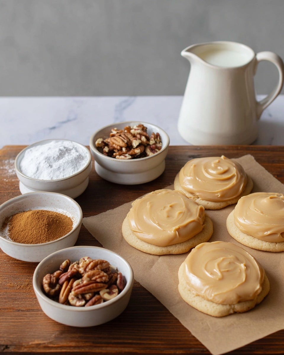 The image shows six round sugar cookies with thick, smooth, light caramel-colored frosting evenly spread on top, all arranged in two rows on brown parchment paper on a wooden surface. To the left of the cookies, there are three small white bowls: one with a mound of light brown cinnamon powder, one with white powdered sugar, and one with chopped pecans showing brown and tan shades. Behind these bowls, there is a white ceramic milk pitcher filled with milk. The background has a plain light grey wall, and the whole scene is set on a white marbled texture. Photo taken with an iphone --ar 4:5 --v 7
