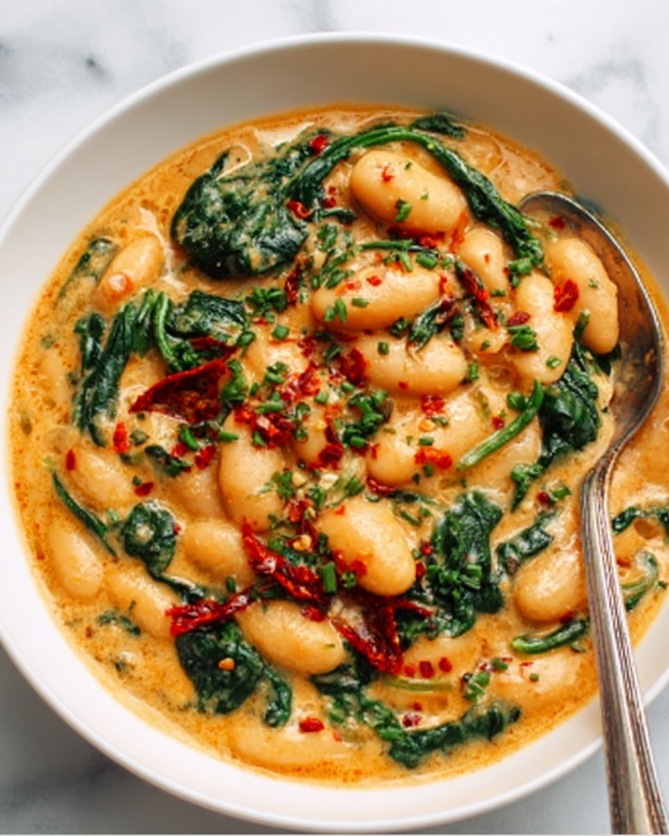 The image shows a white bowl filled with a creamy dish made of large white beans covered in a light orange sauce. There are wilted dark green spinach leaves mixed in throughout the dish. Red chili flakes and finely chopped green herbs are sprinkled on top, giving a bright contrast against the sauce. The soup looks thick and smooth with soft textures, and a silver spoon is placed inside the bowl. The bowl sits on a white marbled surface. photo taken with an iphone --ar 4:5 --v 7