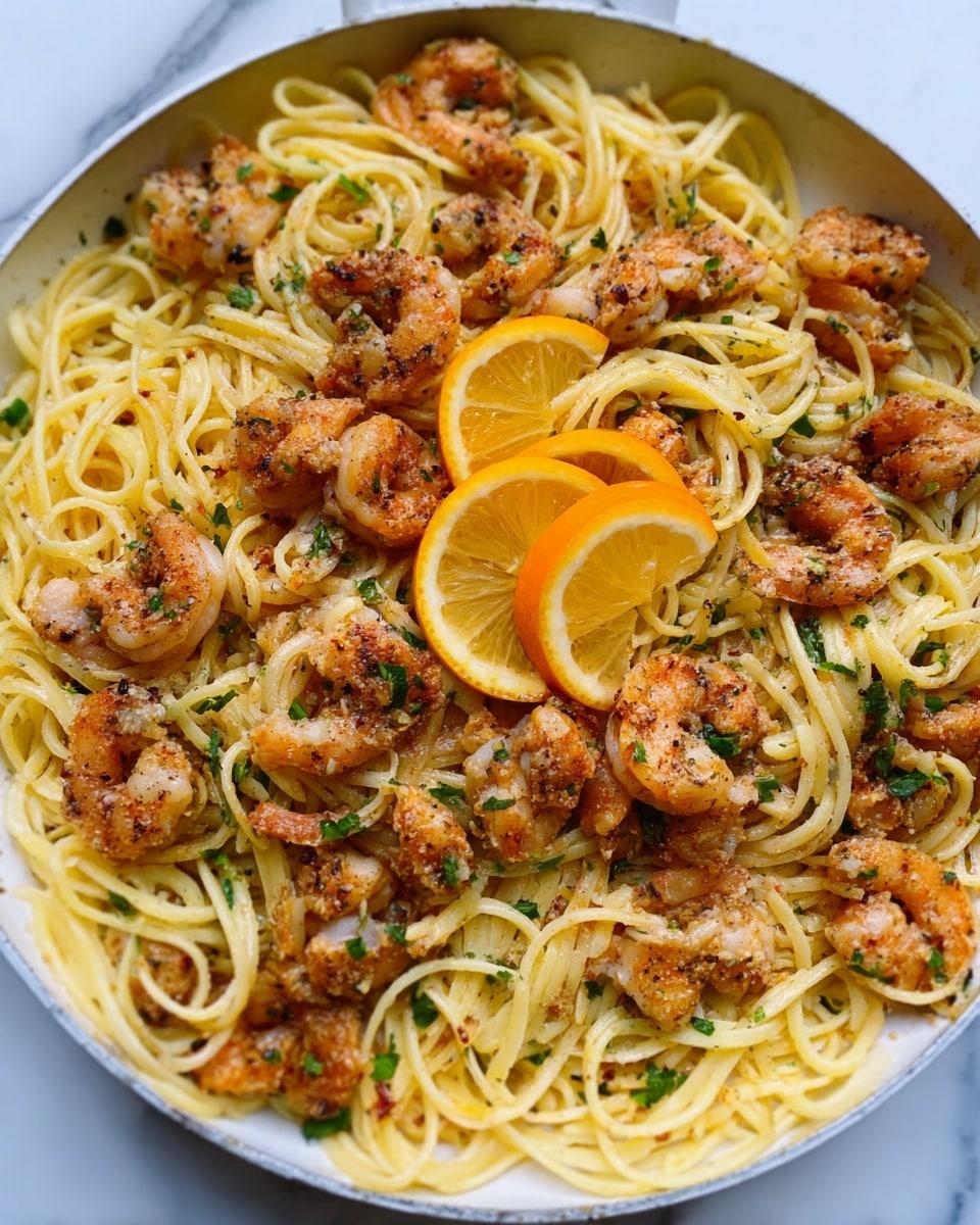 The image shows a dish of spaghetti pasta mixed with seasoned shrimp. The pasta is light yellow with a smooth texture, forming the base layer and spread evenly across the plate. On top, there are many pieces of brownish shrimp, cooked with a slightly crispy texture and speckled with small green herb bits, scattered all over. Two bright orange lemon wedges rest on the top, adding a fresh, vibrant touch. The dish sits on a white plate with a clean edge, placed on a white marbled surface. Photo taken with an iphone --ar 4:5 --v 7