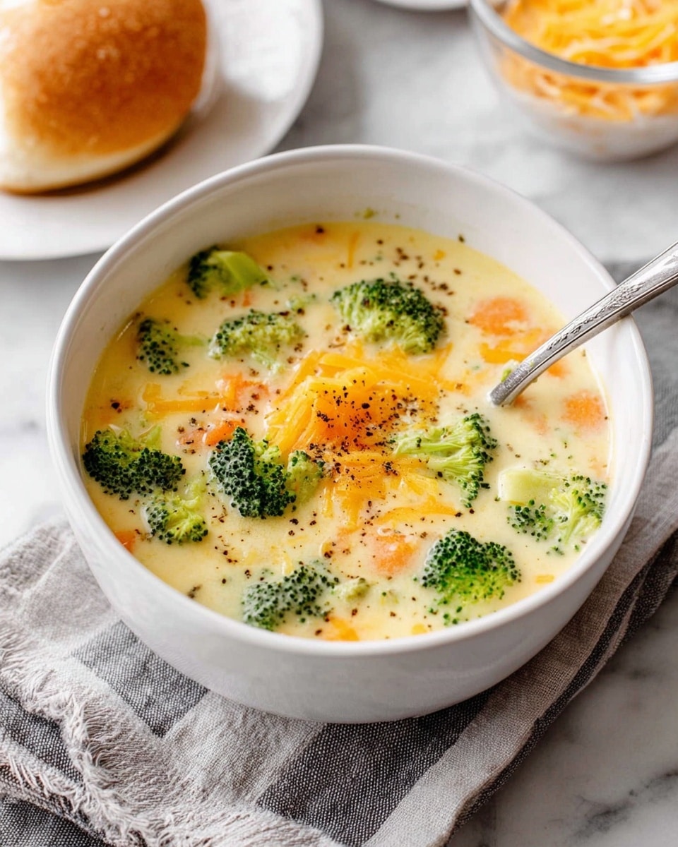 A white bowl filled with creamy light beige soup, layered with bright green broccoli florets and thin round slices of orange carrot floating in the broth. On top, shredded orange cheddar cheese is scattered in the center, sprinkled lightly with black pepper flakes. A white spoon rests on the bowl edge, partially submerged in the soup. The bowl sits on a white marbled surface, alongside a piece of rustic bread on a white plate and a black and white checkered cloth nearby. photo taken with an iphone --ar 4:5 --v 7