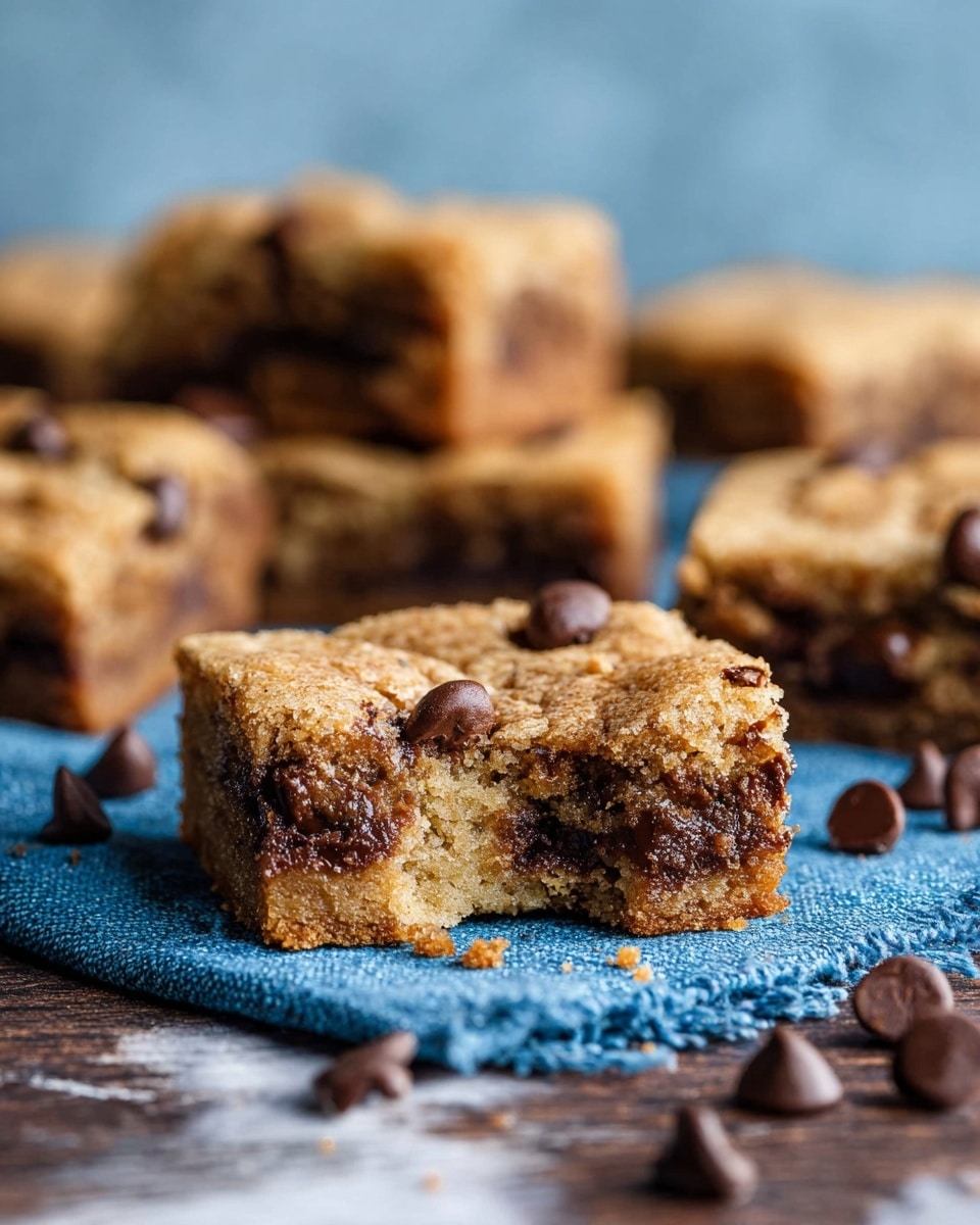 The image shows a close-up of a square piece of chocolate chip blondie with a bite taken out of one side, revealing a soft, golden-brown inside filled with melted dark chocolate chips. The top layer is light golden with a slightly crispy texture and scattered chocolate chips baked into the surface. The blondie sits on a blue cloth on top of a dark wooden table with more chocolate chips and crumbs scattered around. In the background, there are several more pieces of blondie, blurred to keep focus on the main piece. The scene is set against a soft blue blurry background, all on a white marbled texture beneath the table. photo taken with an iphone --ar 4:5 --v 7