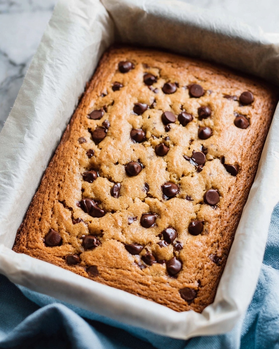 A freshly baked, golden-brown chocolate chip cookie bar with a slightly cracked surface, studded evenly with melted dark chocolate chips throughout. The bar sits in a white baking pan lined with parchment paper, showing a soft and chewy texture with small, raised chocolate chips peeking on top. The background has a white marbled texture and there is a soft blue cloth partially visible near the pan. The image is taken up close to highlight the texture and warmth of the cookie bar. photo taken with an iphone --ar 4:5 --v 7