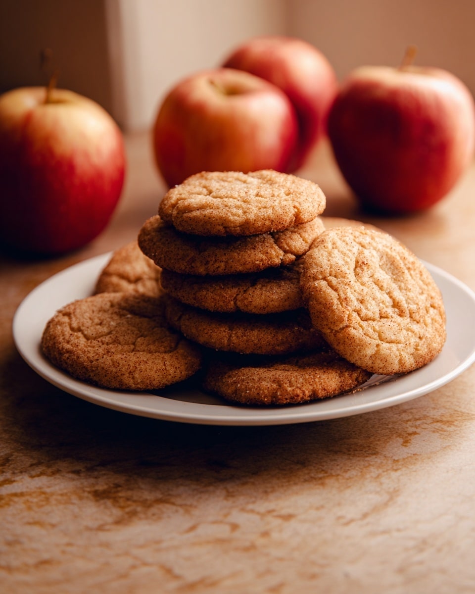 A white plate filled with a stack of seven round, golden brown cookies with a slightly rough texture, placed on a white marbled surface. In the background, there are three red apples with soft lighting creating a warm and cozy feeling. The cookies are arranged in a loose pile, overlapping slightly, showing their uneven edges. Photo taken with an iphone --ar 4:5 --v 7