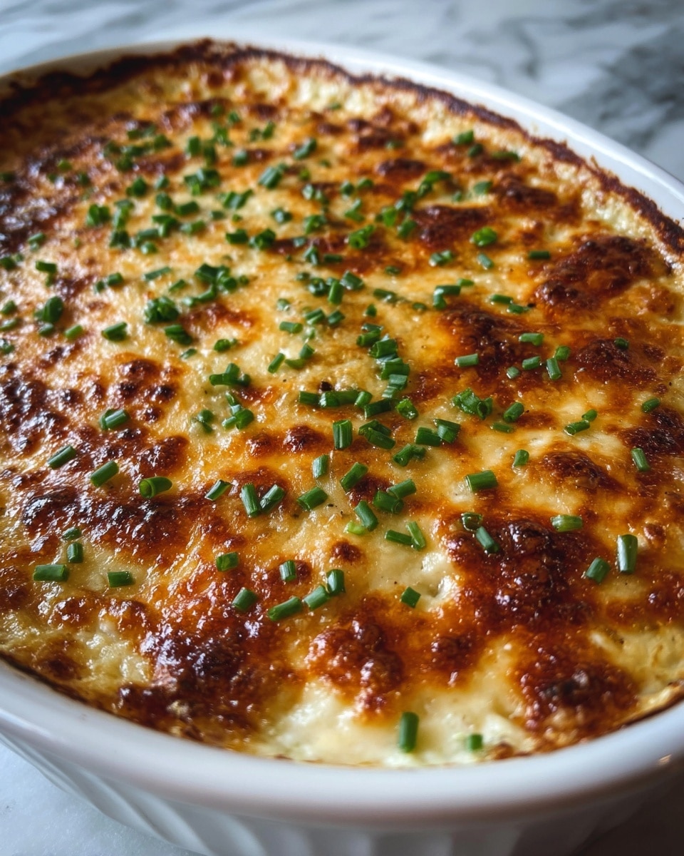 This image shows a close-up of a baked dish in a white oval ceramic dish. The top layer is golden brown cheese, melted and browned in spots, creating a bubbly, crispy texture. This layer is sprinkled with small, bright green chopped chives evenly spread across the surface. The dish's edges show a slightly thicker, creamy layer beneath the cheese topping. The whole dish rests on a white marbled surface, and the photo captures the warm, cheesy texture in fine detail. photo taken with an iphone --ar 4:5 --v 7