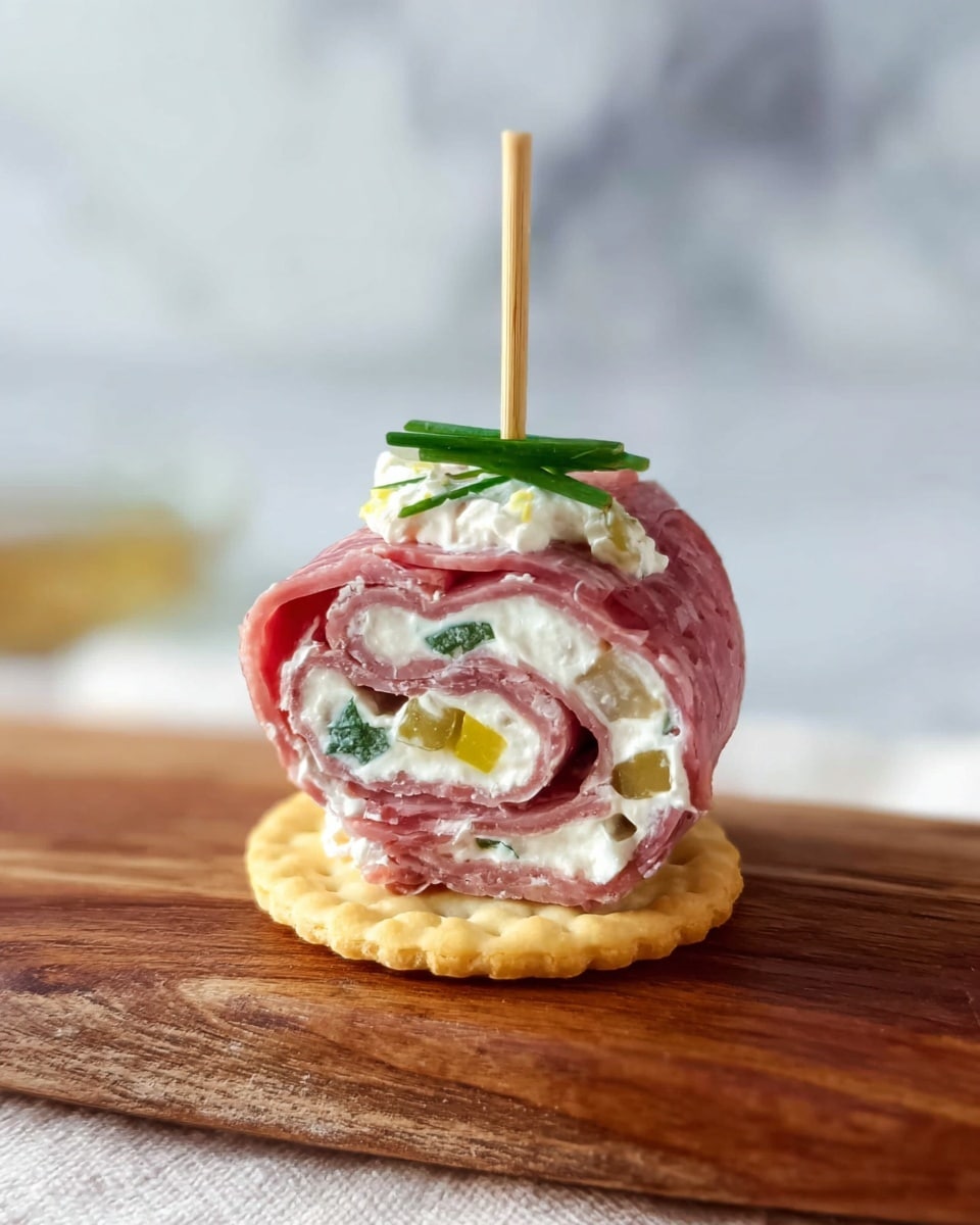 The image shows seven round slices of a pinwheel appetizer arranged on a wooden cutting board. Each slice has several visible layers: a deep pink outer layer that looks like salami, a white creamy layer inside, some green herbs, and small pieces of yellow pepper spread throughout. Behind the board, there is a slab of similar salami slices fanned out on a white marbled surface. Around the board are fresh green onions with long stalks and a small white bowl with bright yellow pepper rings. The whole setting is on a white cloth with simple dark lines. photo taken with an iphone --ar 4:5 --v 7