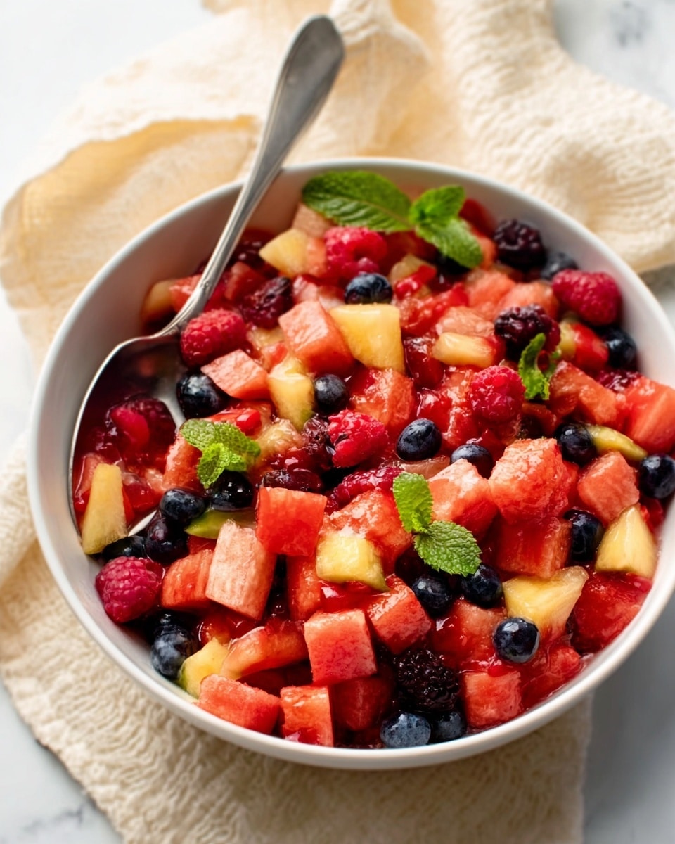 A white bowl filled with a colorful fruit salad containing small cubed pieces of red watermelon, pink melon, yellow pineapple, red raspberries, dark blueberries, and dark blackberries, garnished with fresh green mint leaves on top. A silver spoon rests inside the bowl on the left side, and the bowl is placed on a light beige fabric on a white marbled surface. Photo taken with an iphone --ar 4:5 --v 7